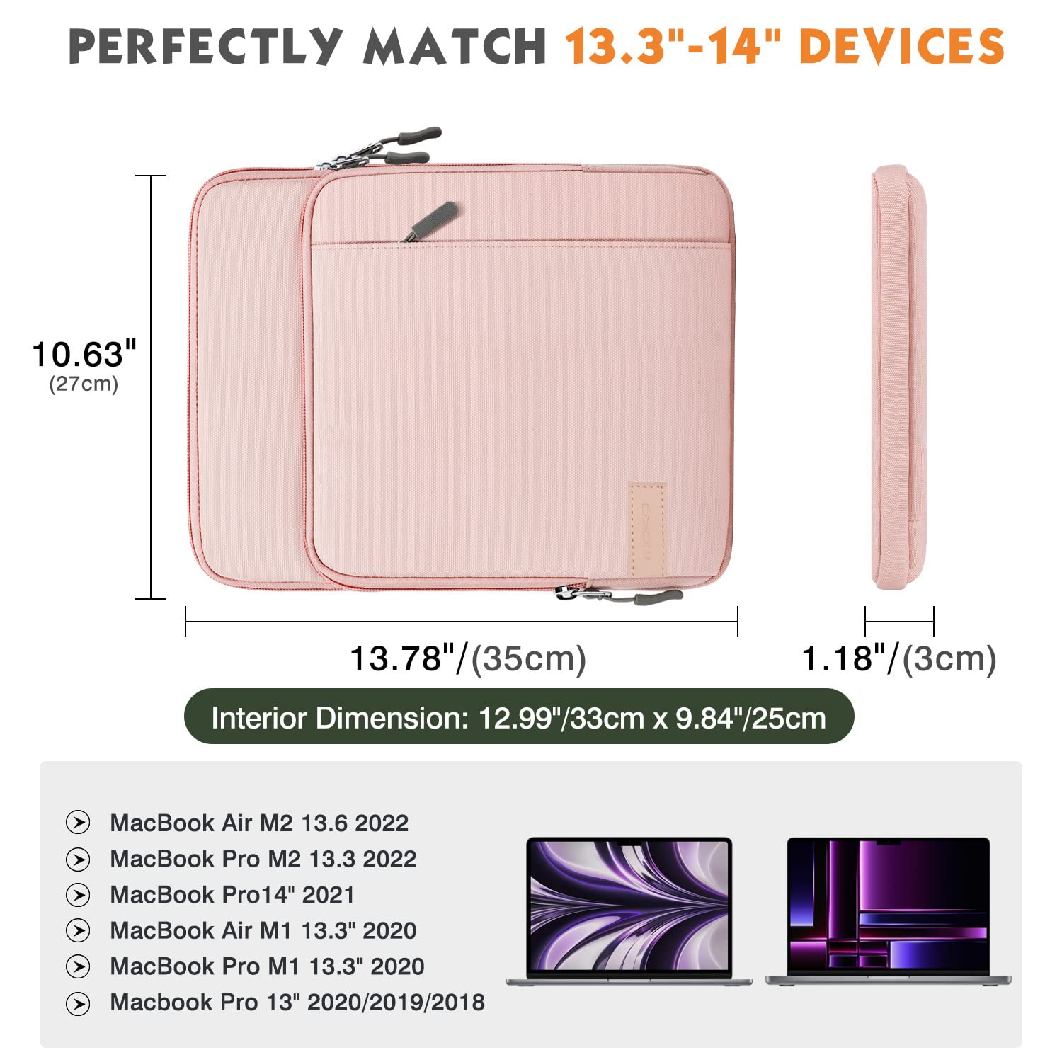 MoKo Laptop Sleeve Bag for 13.3 14 Inch, Notebook Carrying Case with Pocket Fits New MacBook Pro M3/M2 14' /13' M2/M1 Pro/M1 Max 14.2 2023 2021/Air 13.6' M2 2022, Surface Pro 9/8 13', Pink