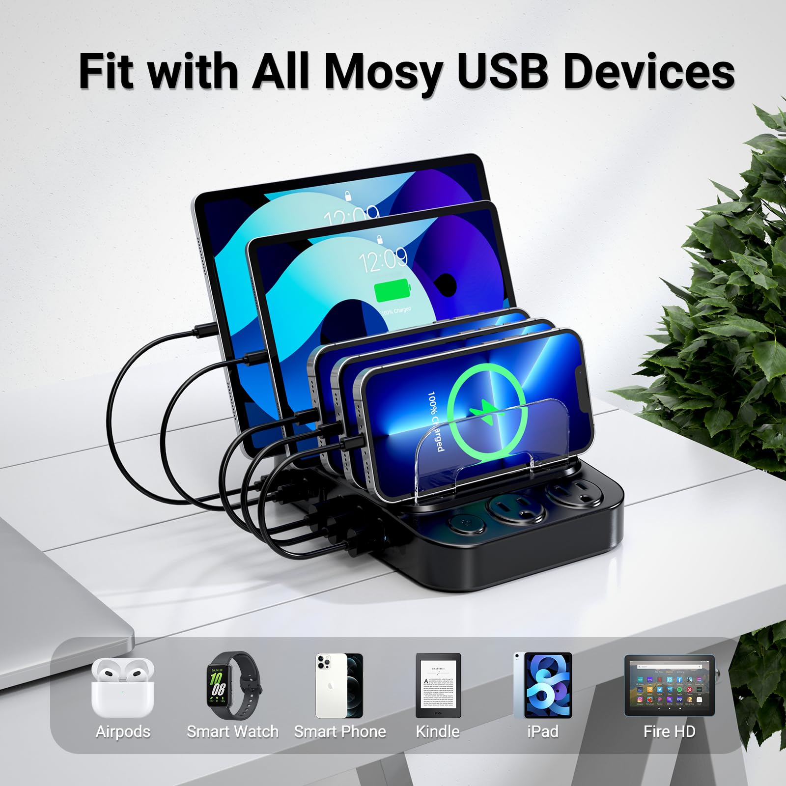 Catlyn 8-Port Charging Station with 6 Mixed Cables - Black Charger Dock for Phones, Tablets, iPhone, iPad, Kindle - Home & Office Organizer