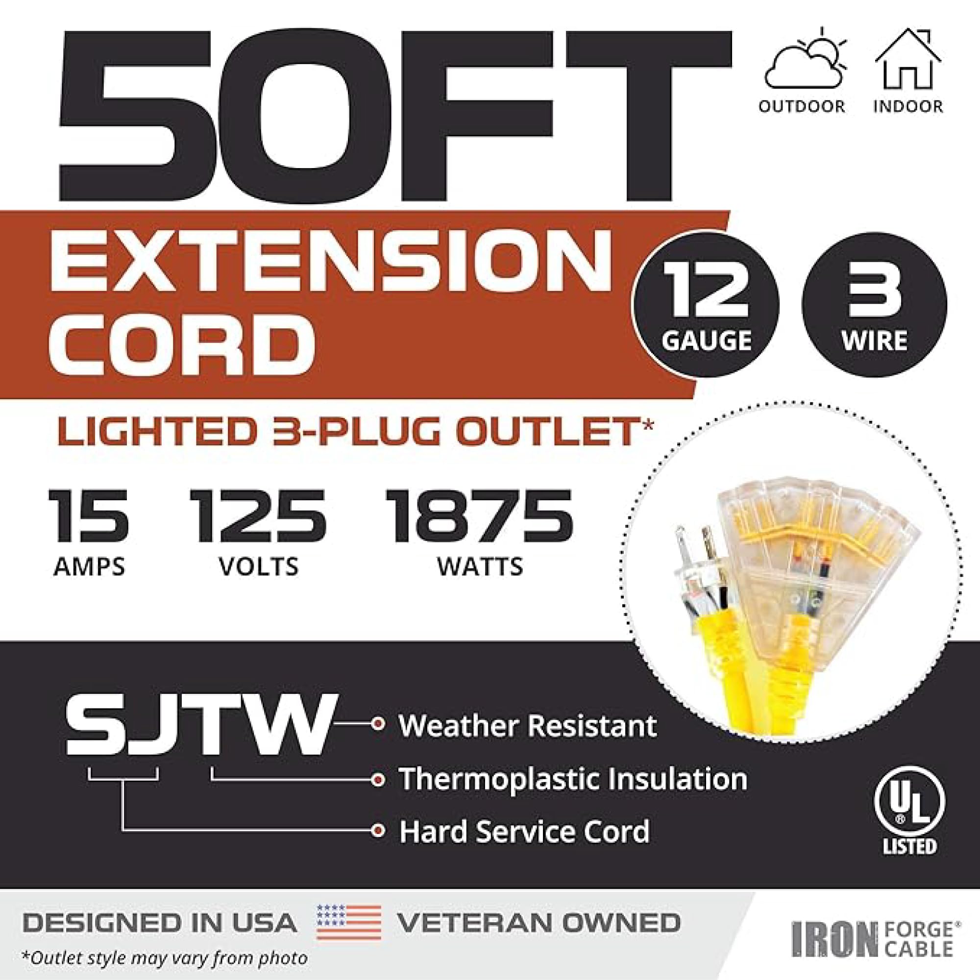 Iron Forge Cable 3 Outlet Lighted Outdoor Extension Cord 50 Ft 2 Pack   12 Gauge 15 Amp Heavy Duty Power Extension Cords   Sjtw