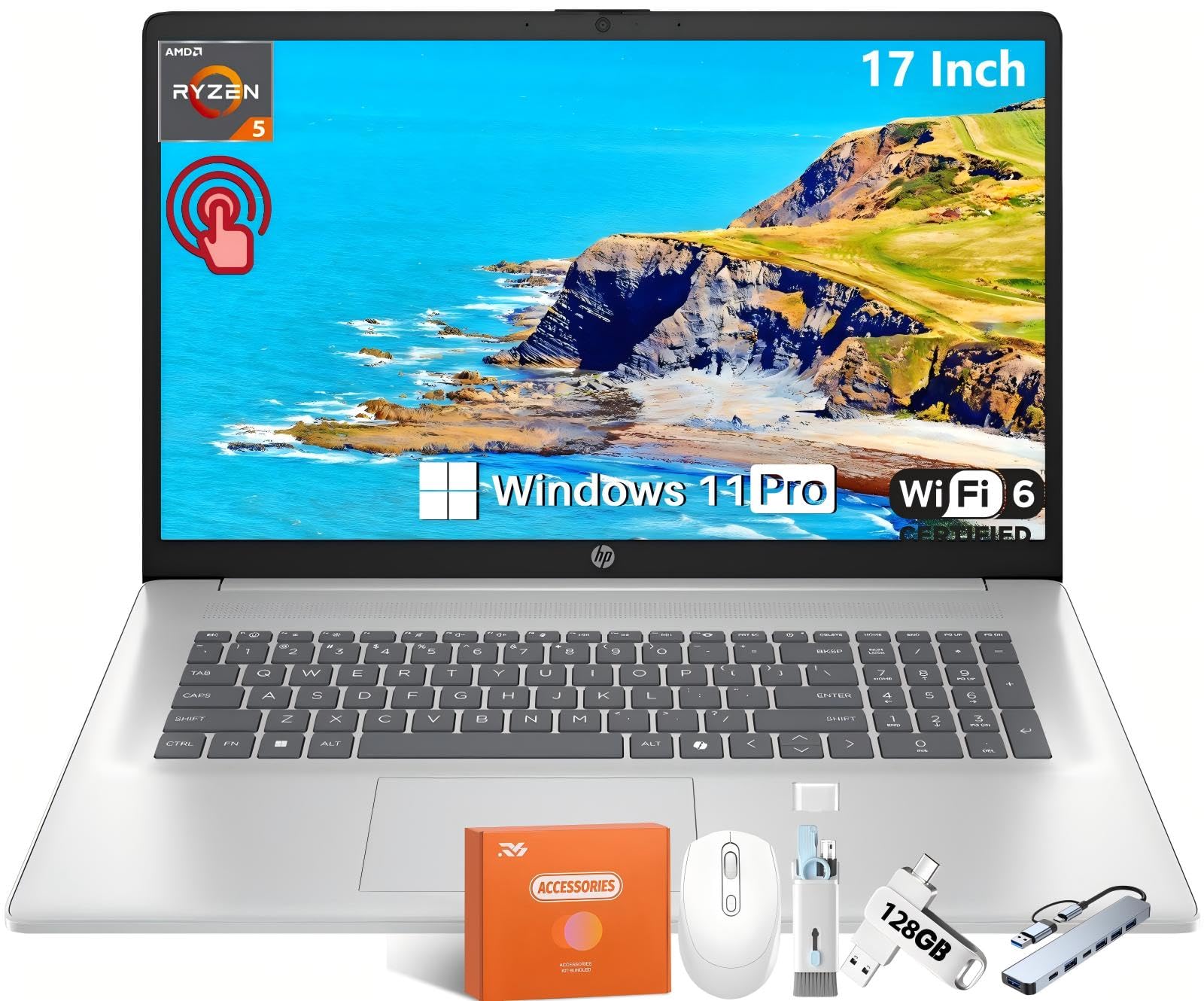 HP 17 Laptop Computer, 17.3 HD+ Touchscreen (1600x900), AMD Ryzen 5 7430U (6-Core), 32 GB RAM, 1 TB SSD, AMD Radeon Graphics, Wi