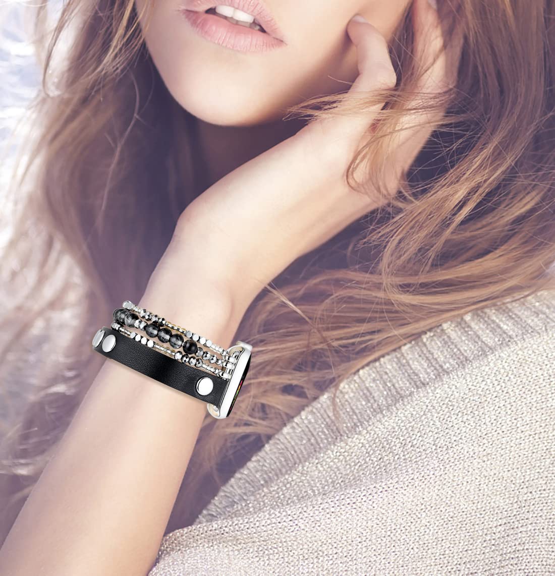 Fastgo Bracelet Band Leather Compatible With Apple Watch 38Mm 40Mm 41Mm Women, Dressy Fancy Elastic Beaded Jewelry Strap For Iwa