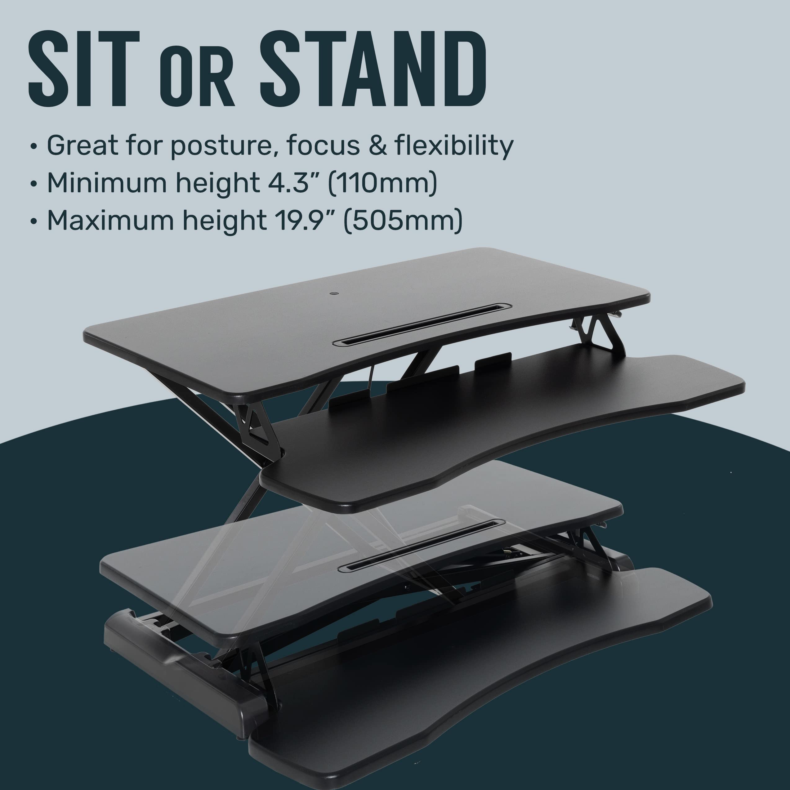 Techorbits Standing Desk Converter   42 Inch Adjustable Sit To Stand Up Desk Workstation, Mdf Wood, Ergonomic Desk Riser With Ke