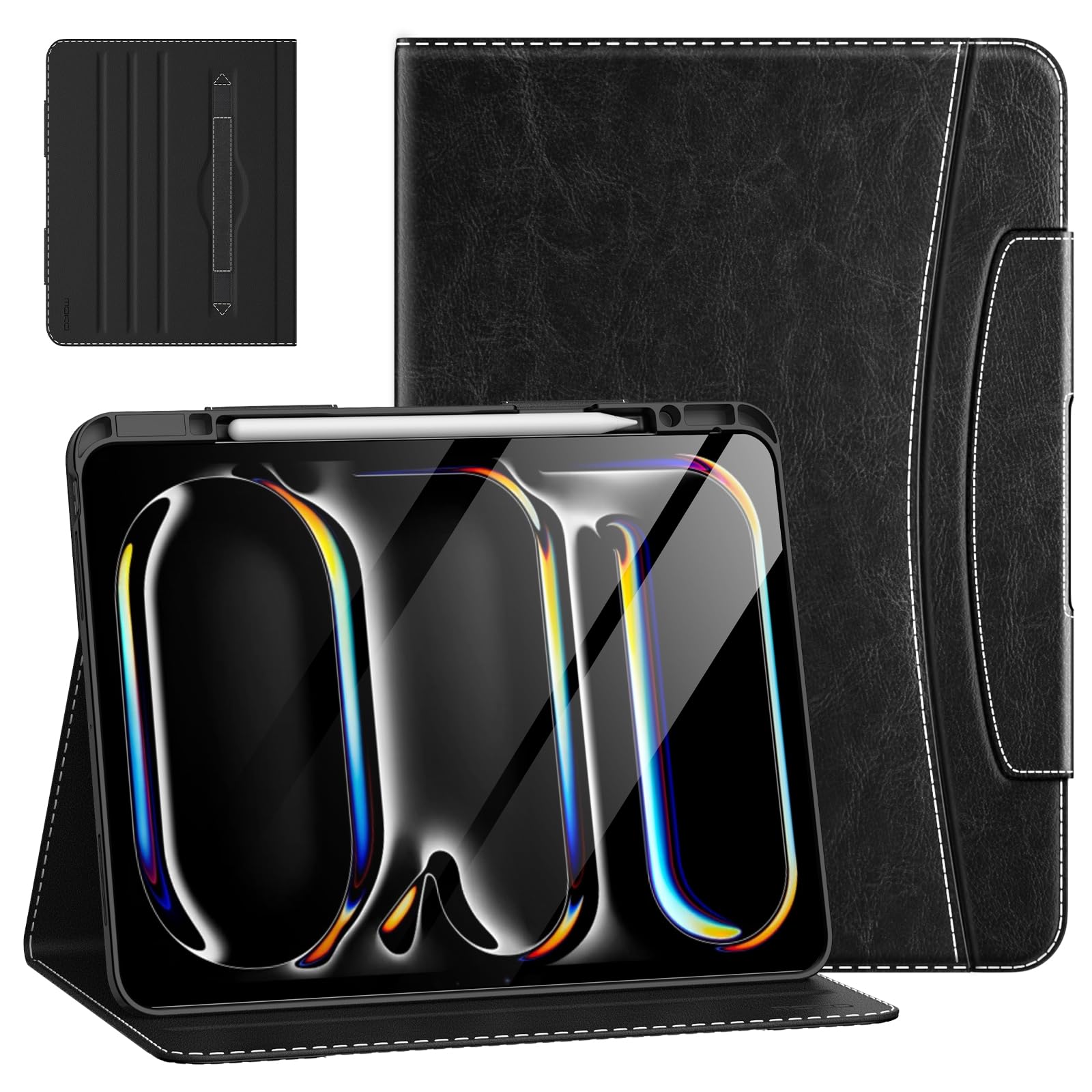 MoKo for iPad Pro 13 Inch Case 2024 (M4) with Pencil Holder & Pocket, Built in Hand Strap, Multi Angle Viewing, Premium PU Leather Folio Cover for iPad Pro 13 2024, Black