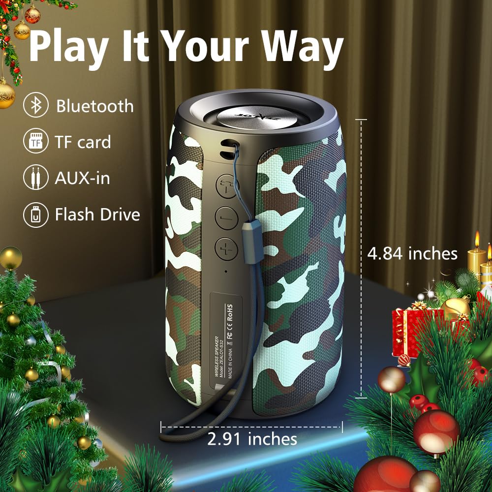 Zealot Bluetooth Speaker, Portable Speaker, S32 Outdoor Speaker, Waterproof Ipx5, Dual Pairing, Stereo Sound/Tf Card/Usb/Aux Competible For Iphone14 Samsung Home/Hiking/Fishing  Camo