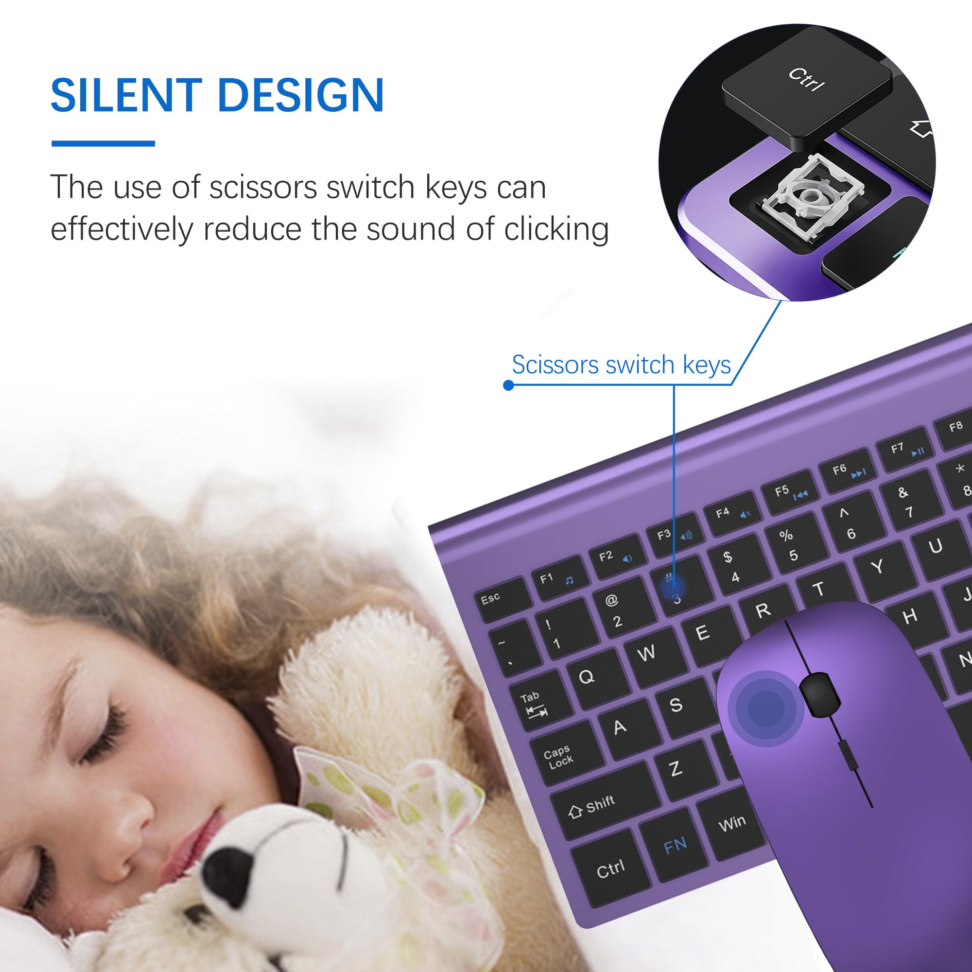 Wireless Keyboard And Mouse Ultra Slim Combo, Topmate 2.4G Silent Compact Usb 2400Dpi Mouse And Scissor Switch Keyboard Set With Cover, 2 Aa And 2 Aaa Batteries, For Pc/Laptop/Windows/Mac Purple Black