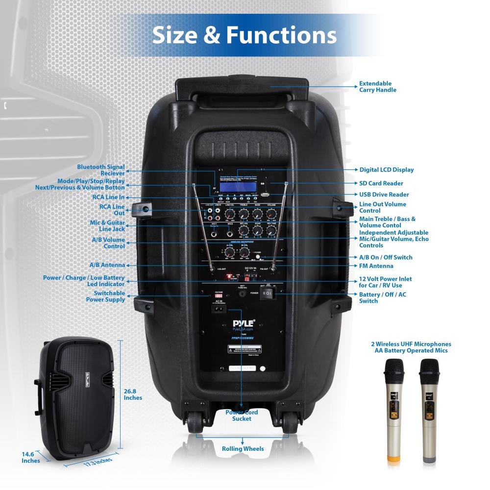 Pyle 1600 Watt, 15'' Bluetooth Pa Speaker Indoor/Outdoor Portable Sound System With (2) Uhf Wireless Microphones Rechargeable Ba