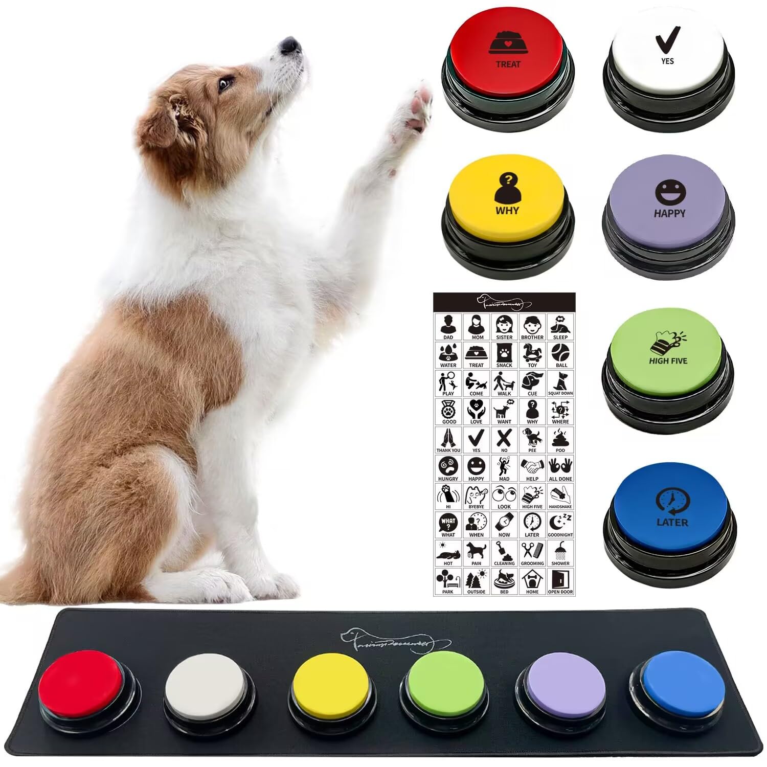 Ribosy Set Of 6 Recordable Buttons With Rubber Mat And 50 Training Stickers, Dog Buttons For Communication   Record& Playback Yo