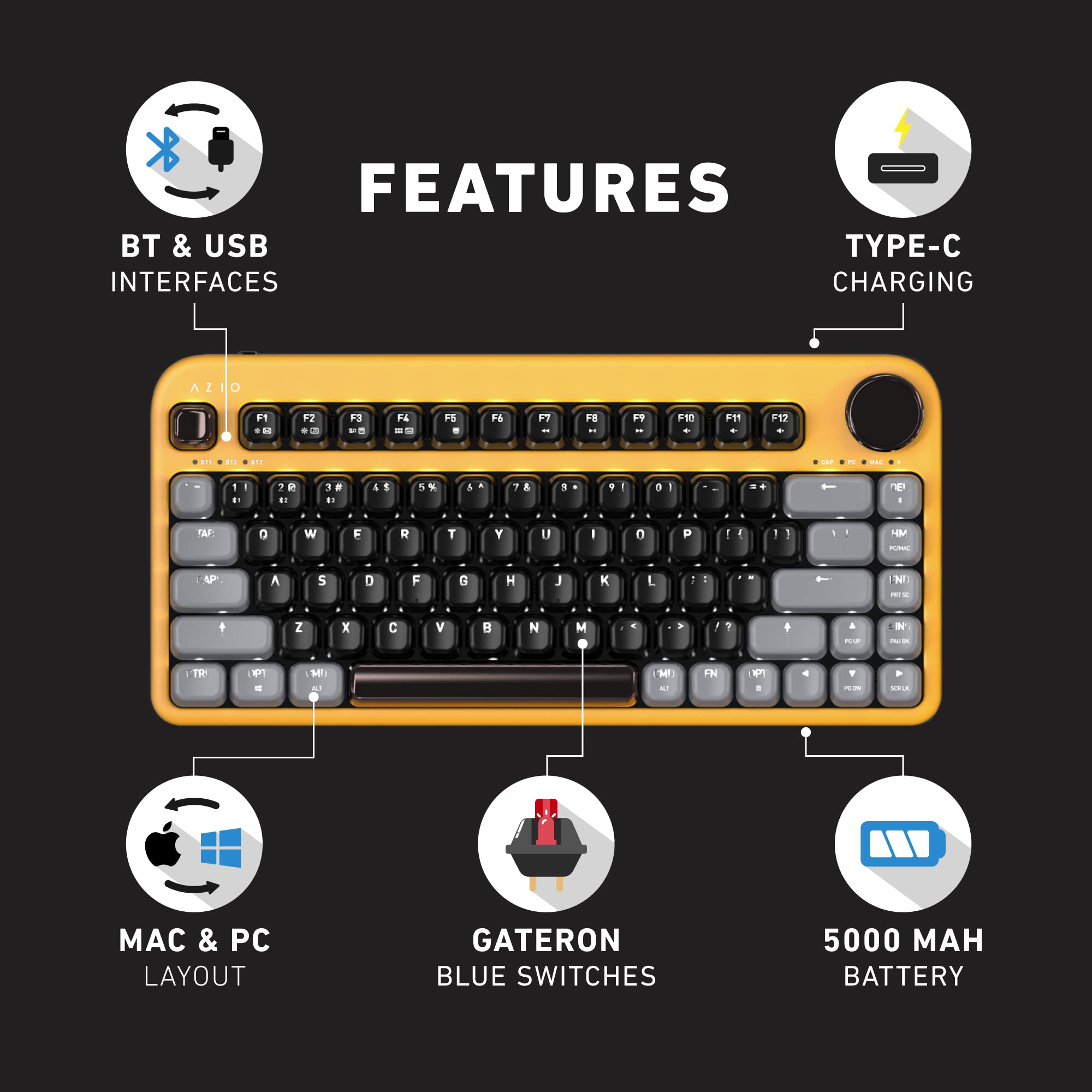 Azio Izo Wireless Bt5/Usb Pc & Mac Mechanical Keyboard, Pre Lubed Red Switches, Golden Iris (Ik412)