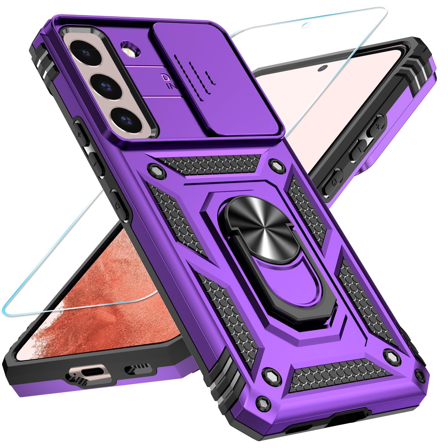 Sunstory For Samsung Galaxy S22 5G Case With Hd Screen Protector & Slide Camera Cover & Rotated Ring Kickstand, [Military Grade]