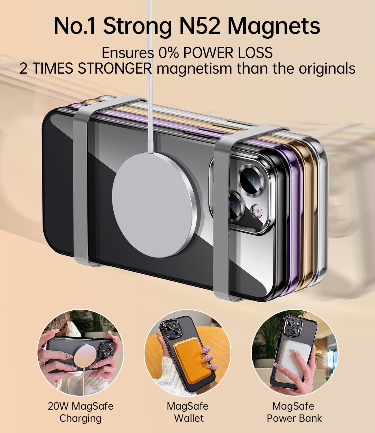 Jueshituo Magnetic Metallic Glossy Clear For Iphone 14 Case With Full Camera Cover Protection [No.1 Strong N52 Magnets] [Militar