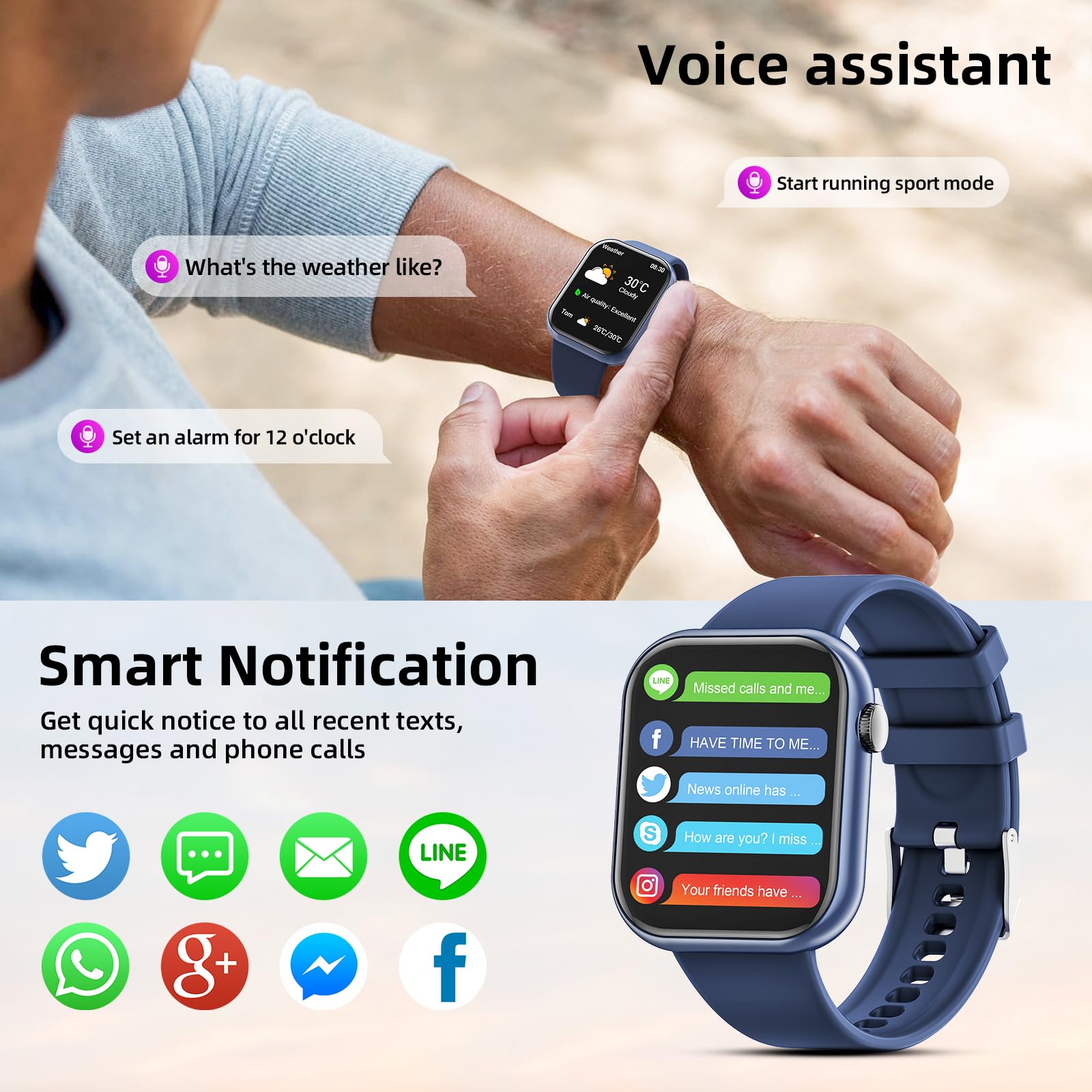 Hwagol Smart Watch (Answer/Make Call), 2024 Newest 1.85 Inch Fitness Tracker, Heart Rate/Sleep Monitor/Pedometer/Calories, Multi