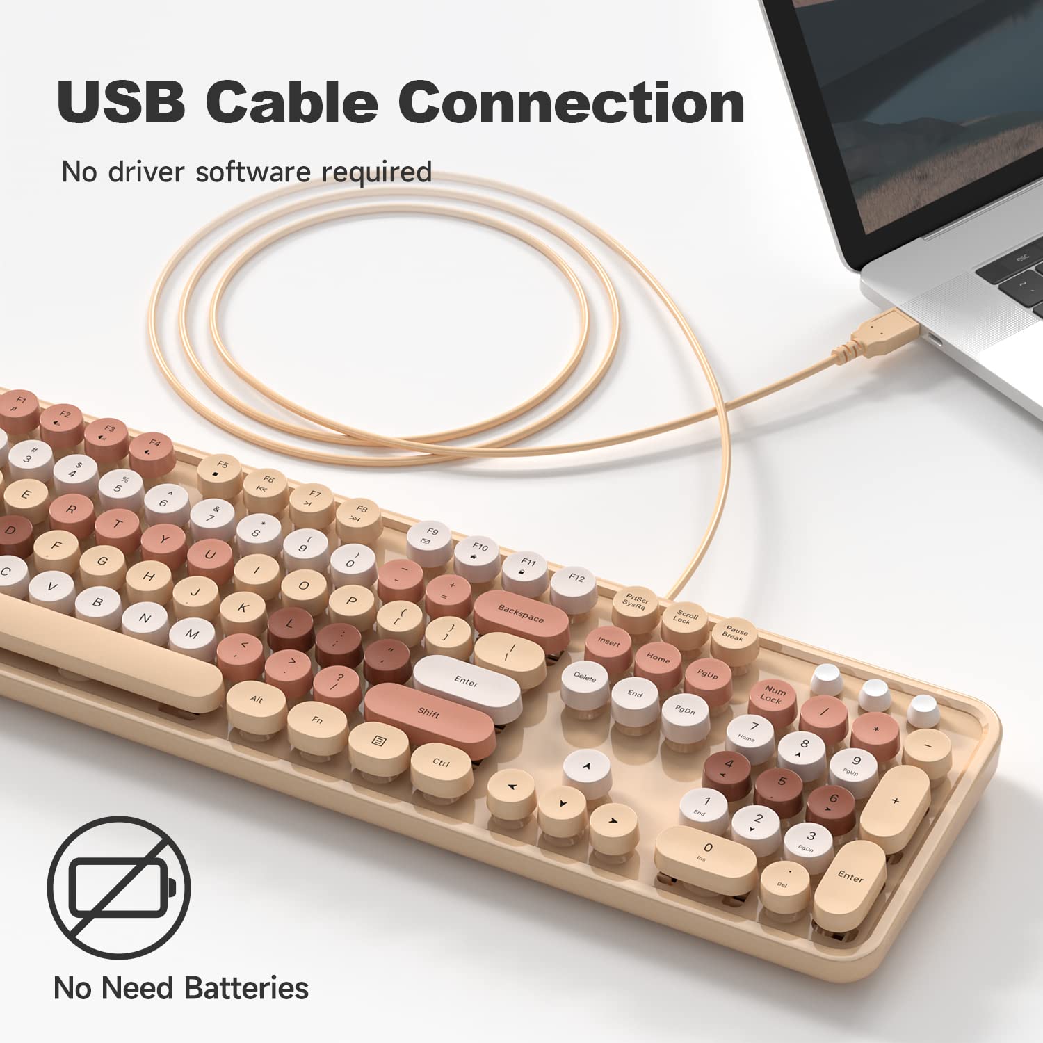 Knowsqt Wired Computer Keyboard   Milk Tea Colorful Full Size Round Keycaps Typewriter Keyboards For Windows, Laptop, Pc, Deskto