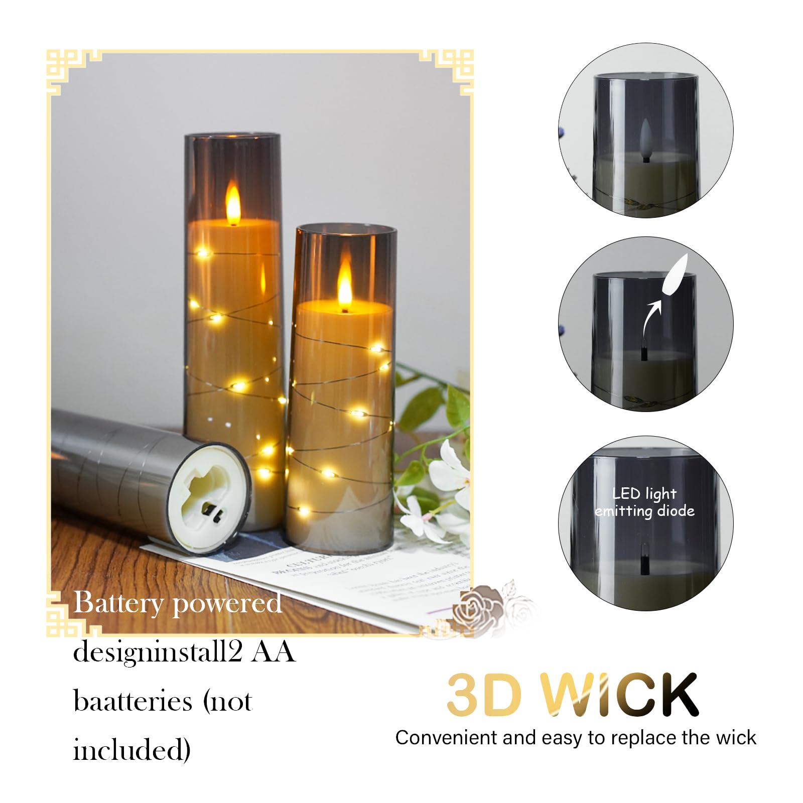 Obrldpao Flameless Candles Battery Operated,5 Pcs Acrylic Flickering Led Candles With Remote,With Embedded Star String Flameless