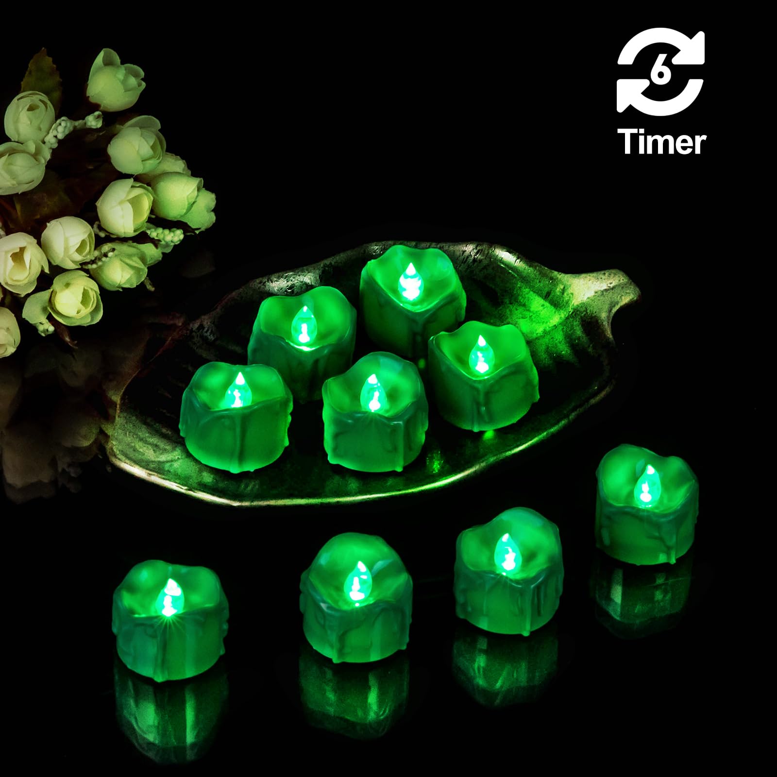Windshell Green Flickering Flame Tealight Candles With Timer, Melting Design (Plastic), Battery Operated Led Flameless Tea Light