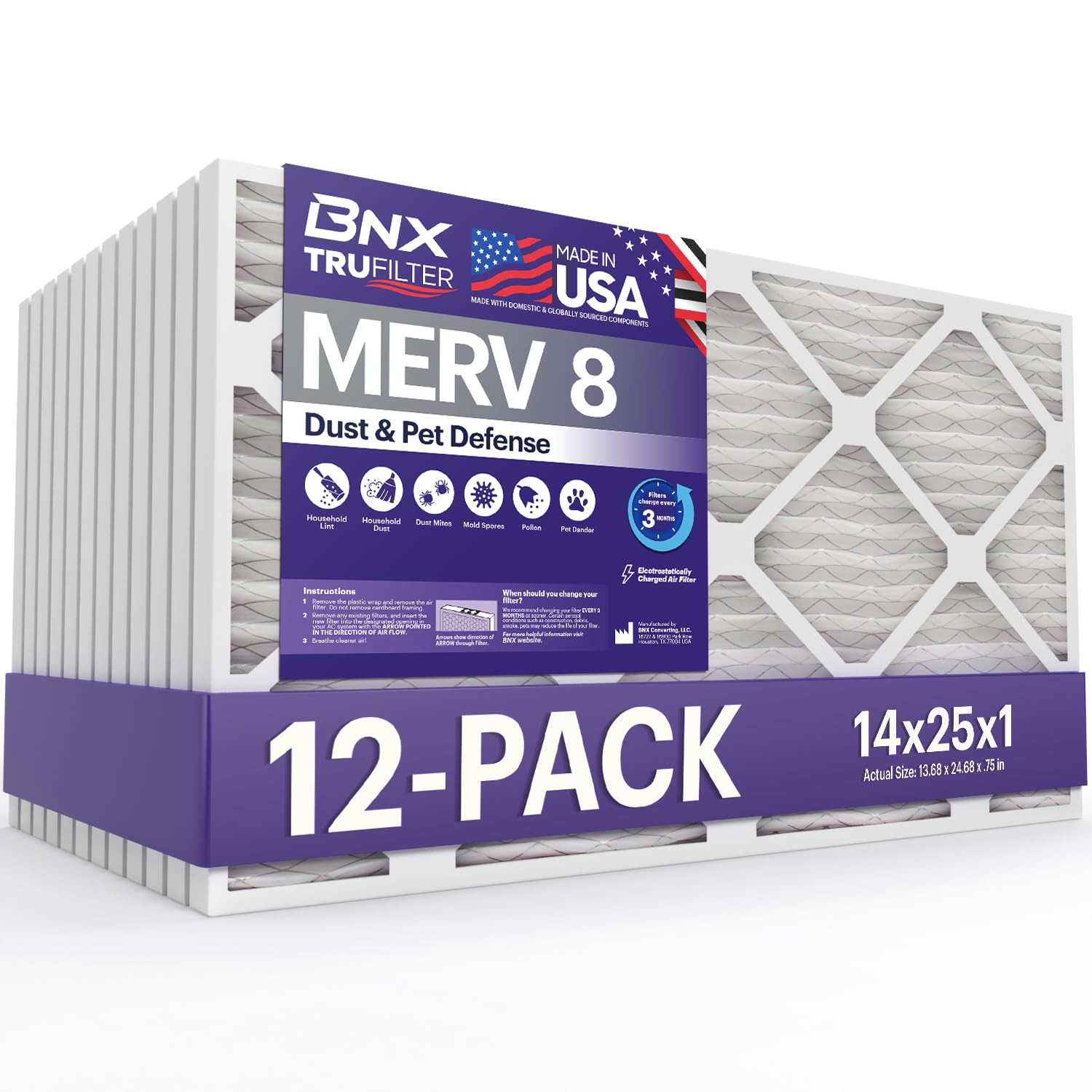 BNX TruFilter 14x25x1 Air Filter MERV 8 (12-Pack) - MADE IN USA - Dust & Pet Defense Electrostatic Pleated Air Conditioner HVAC 