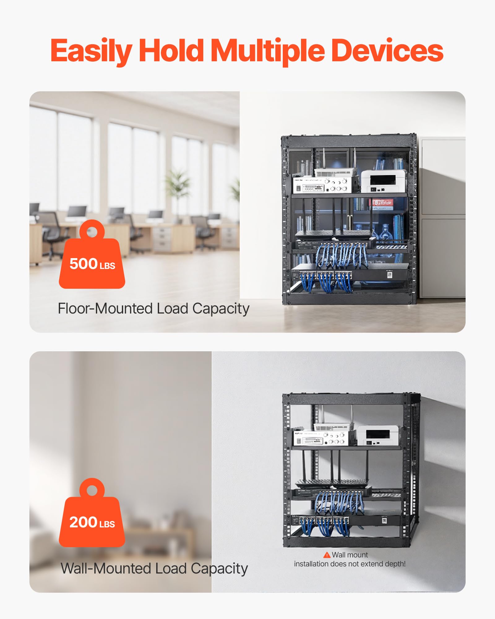 Vevor 12U Server Rack, Open Frame Network Rack For It & Av Gear, Floor Standing Or Wall Mounted,With 2Pcs 1U Rack Shelves & Moun