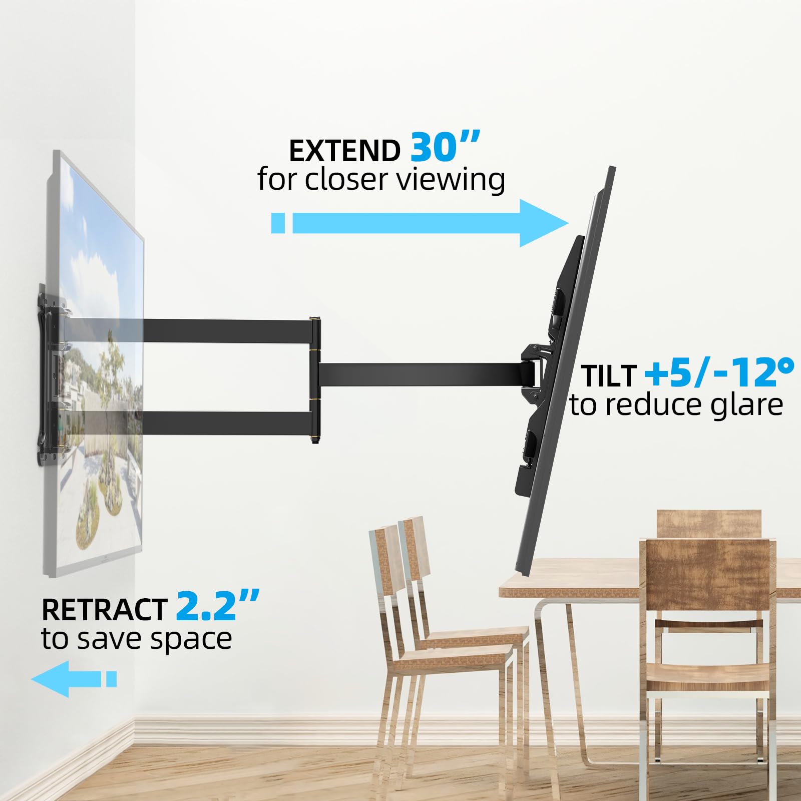 Hcmounting Long Arm Corner Tv Wall Mount With 30 Inch Extension For 32'' 80'' Tvs, Easy Single Stud Install, Full Motion Swivel,