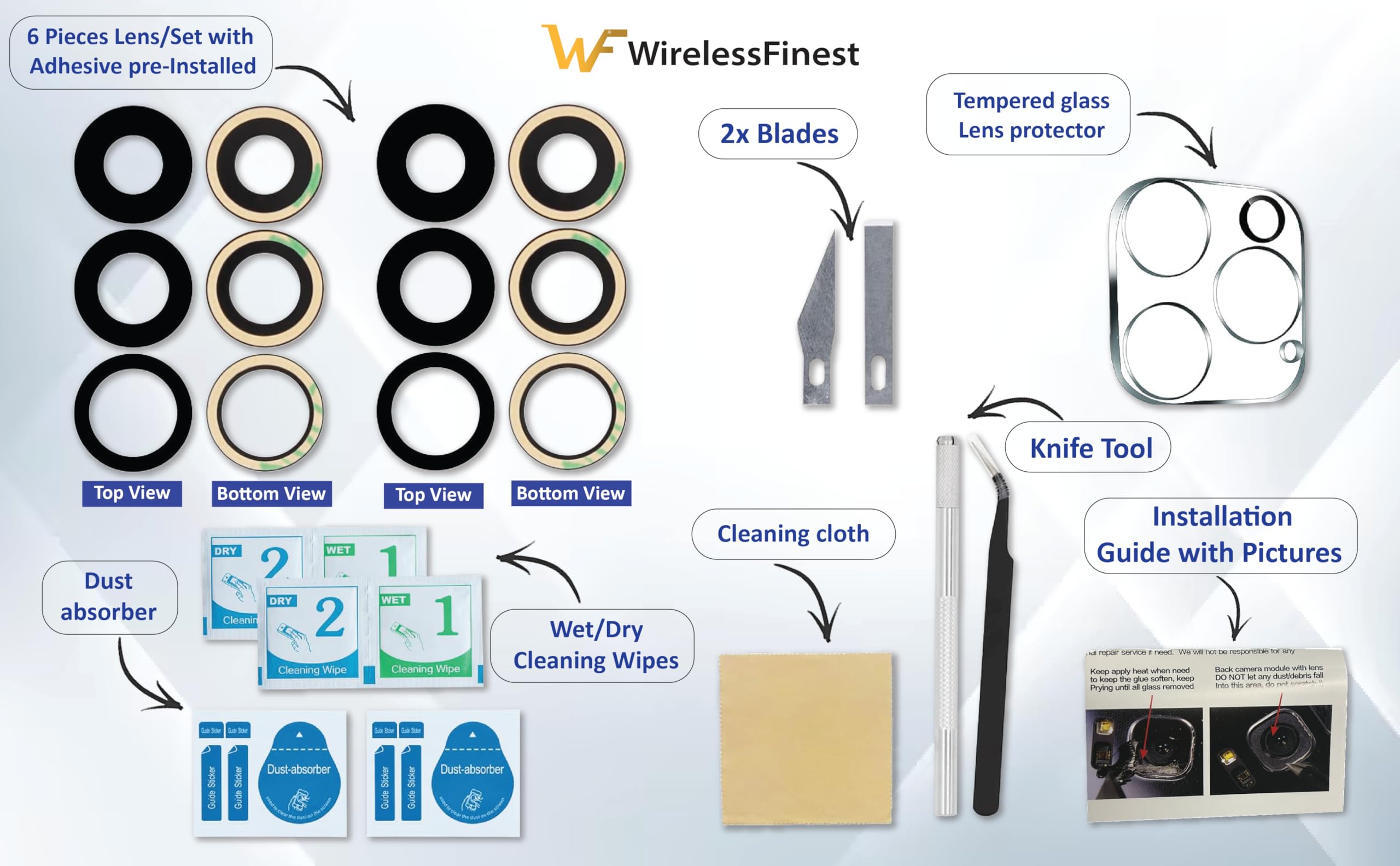 2X Set/6 Pcs Back Rear Camera Lens Glass Replacement Kit With Adhesive Pre Installed Fit For Iphone 13 Pro / 13 Pro Max + Repair