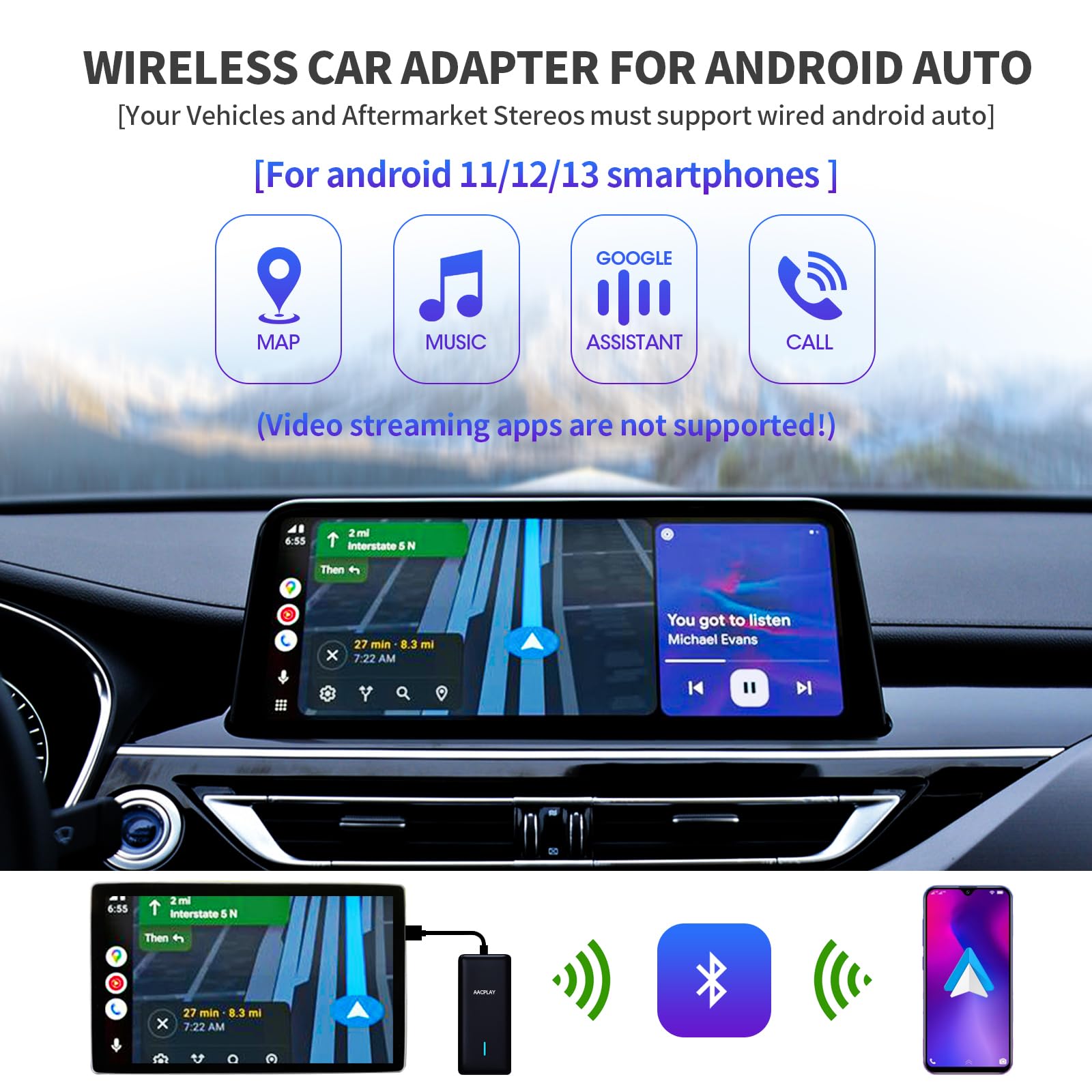 Aacplay Wireless Android Auto Car Adapter Converts Wired Android Auto To Wireless, 2024 Android Auto Dongle Wireless Aa