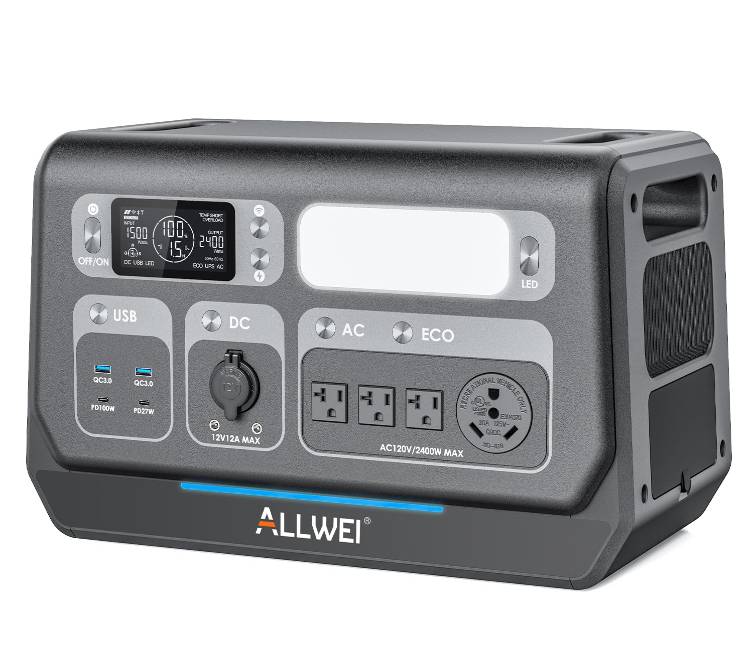 Allwei Lifepo4 Portable Power Station 2400W, 2048Wh Solar Generator With Ups Mode, 1.5Hrs Fast Charge, 4 Ac Outlet(Surge 4800W),