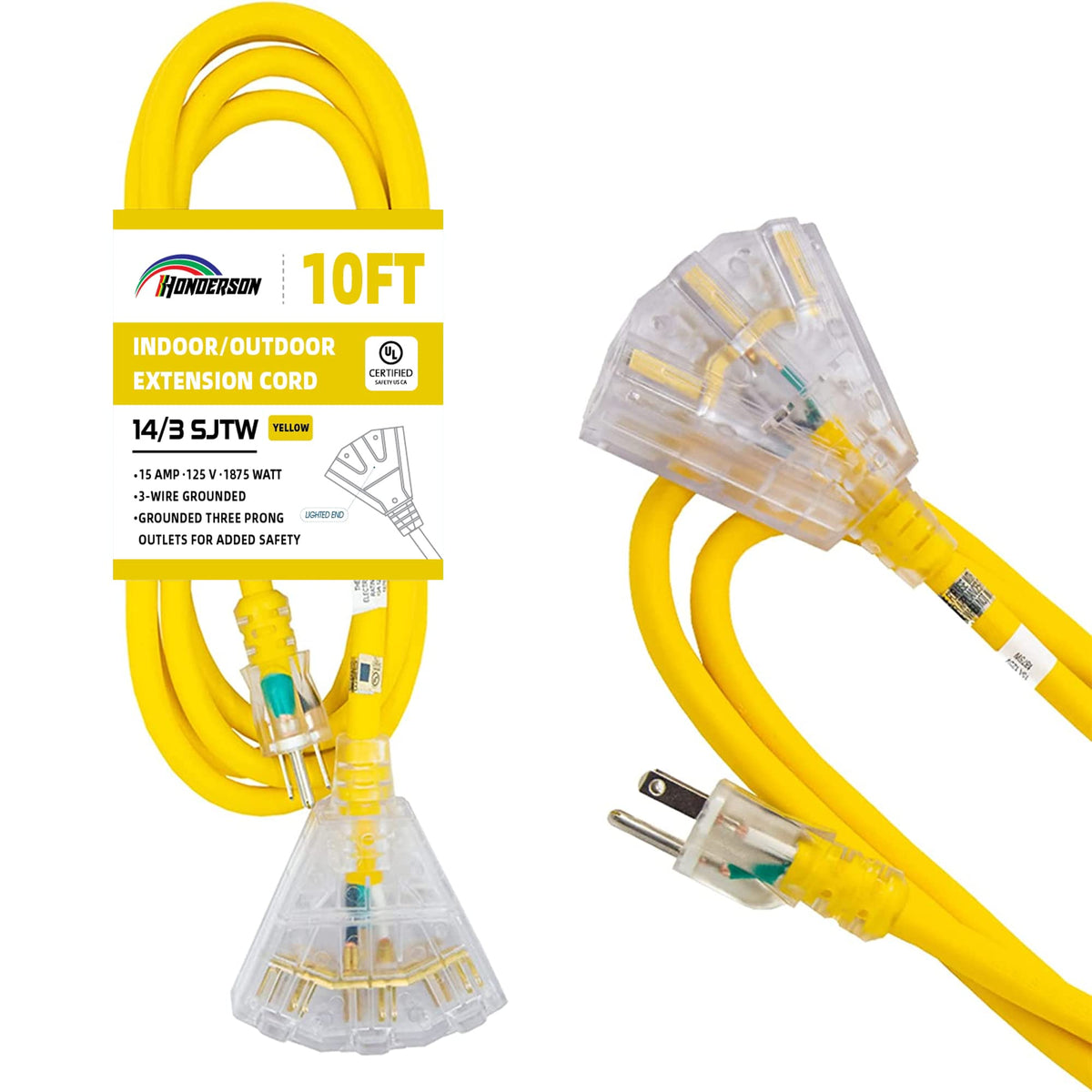 Honderson 10Ft Lighted Outdoor Extension Cord With 3 Power Outlets,14/3 Sjtw Heavy Duty Yellow Extension Cable With 3 Prong Grou