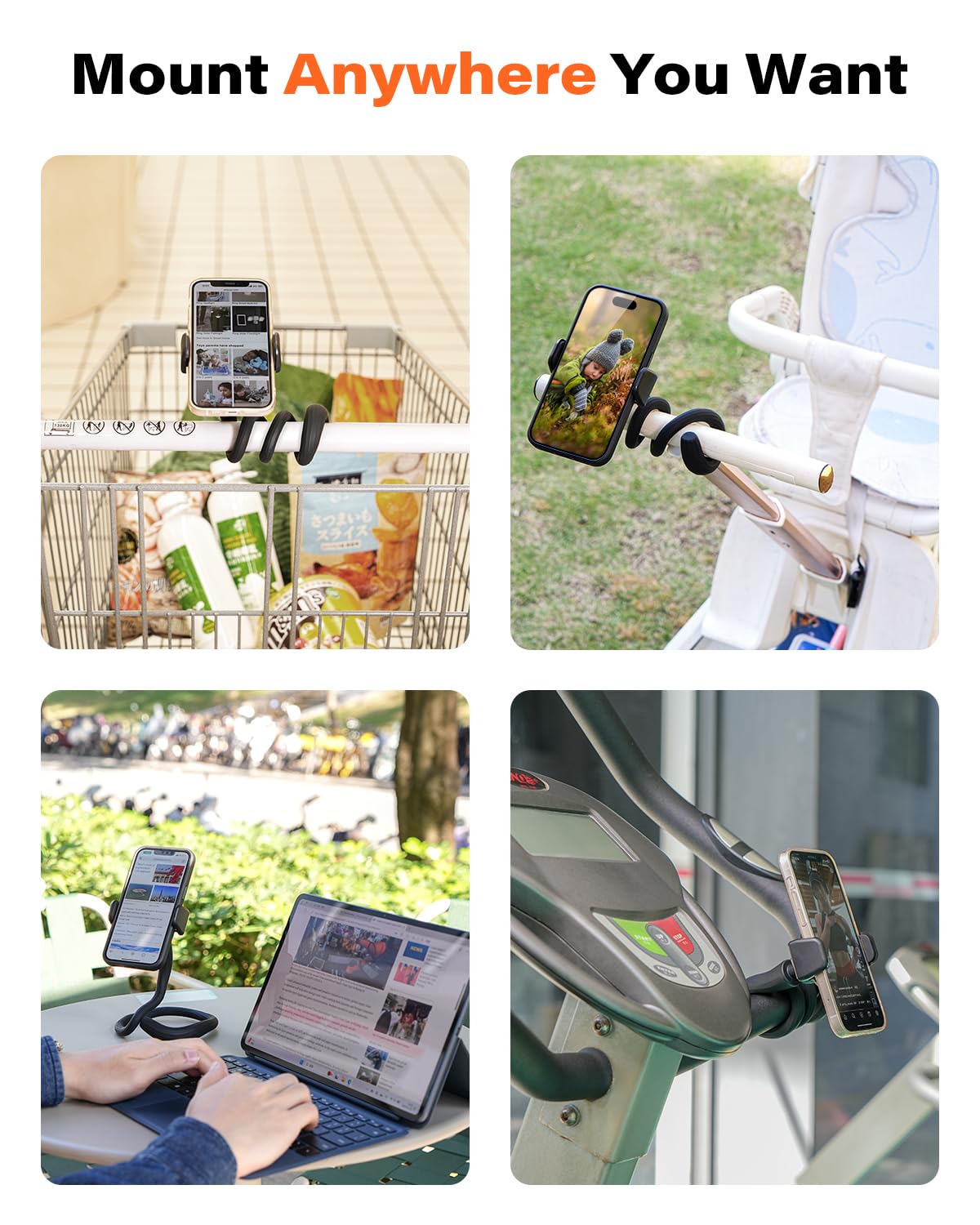 A2C Flexible Phone Holder For Treadmill, Peloton, Stroller, Shopping Cart, Desk, Portable Gooseneck 16.5    Long Arm Phone Mount