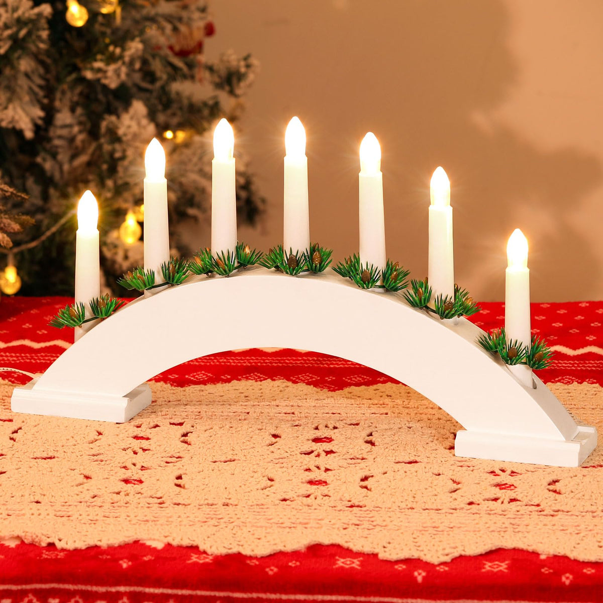 Lewondr Christmas Swedish Candelabra, 7 Taper Flameless Candles With Usb Powered, Christmas Window Candle Light With Pine Needle