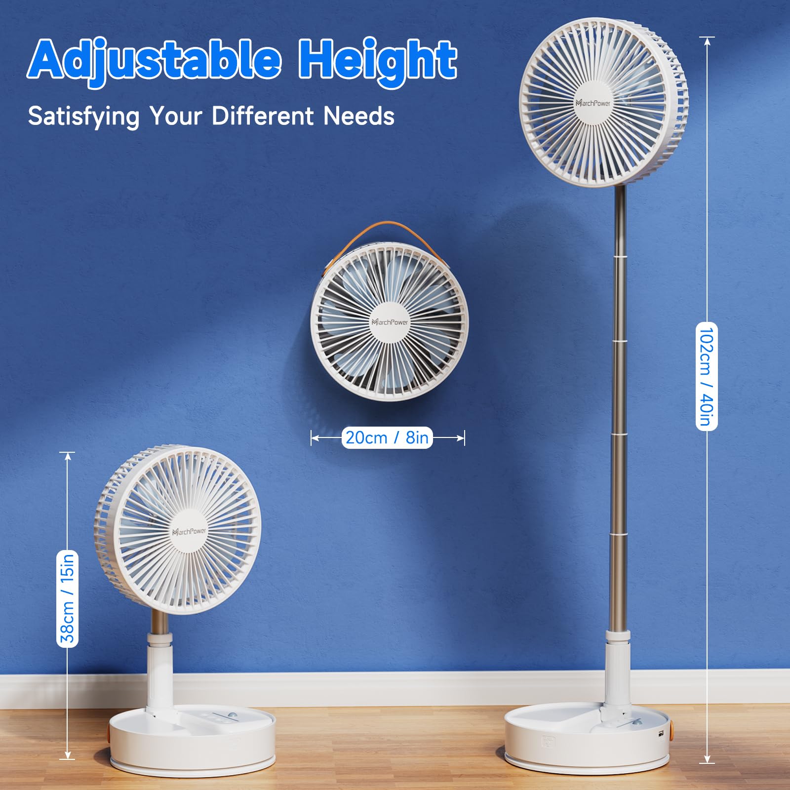 Marchpower Foldable Oscillating Standing Fan With Remote, 8'' Portable Pedestal Quiet Fan With Timer, 7200Mah Rechargeable Usb D