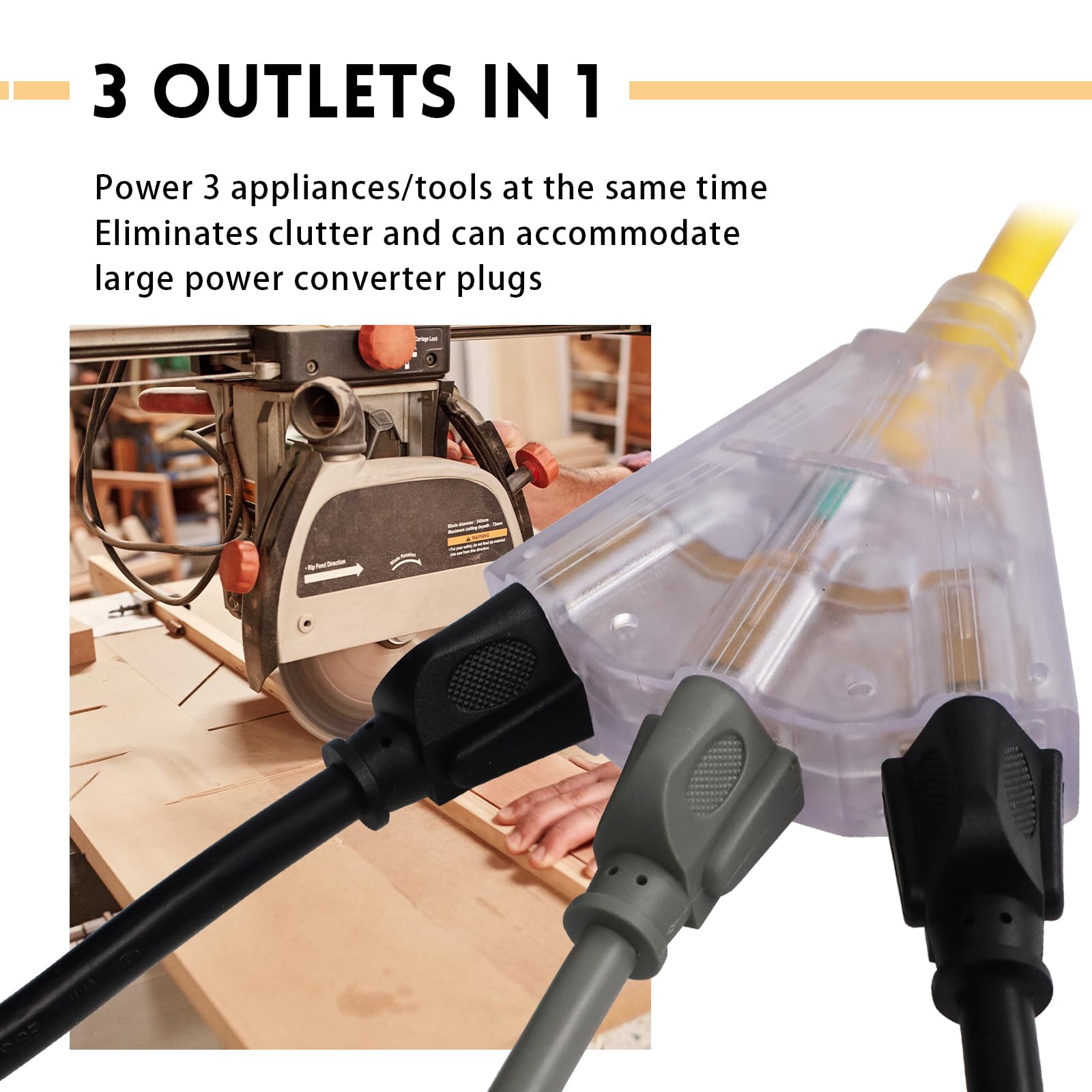 Ep 50 Ft Lighted Outdoor Extension Cord With 3 Electrical Power Outlets   14/3 Sjtw Heavy Duty Yellow Extension Cable With 3 Pro