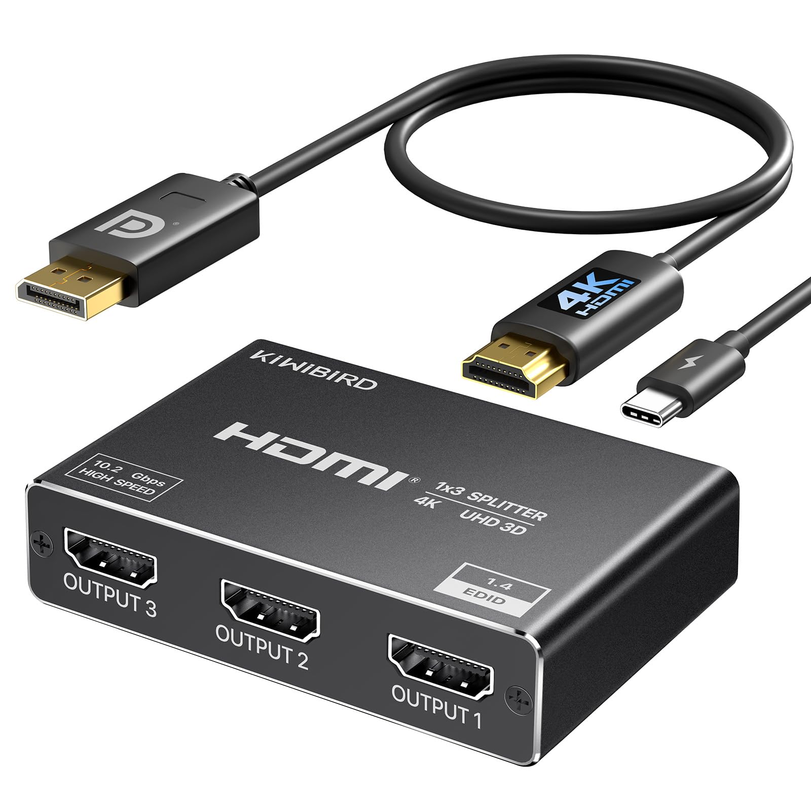 KiWiBiRD DisplayPort to HDMI Splitter 1 in 3 Out, 4K DP to HDMI Triple Monitor Adapter, Support Mirror Mode 2160p 1440p 1080p HD