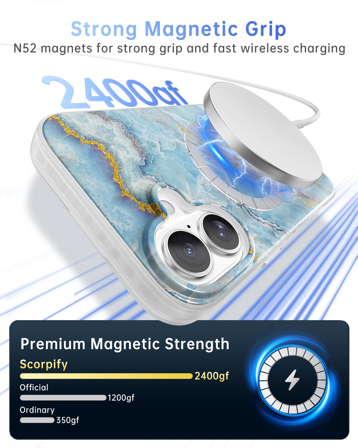 Scorpify For Iphone 16 Case [Compatible With Magsafe] With Icelandic Blue Marble Design, Cute Magnetic Phone Cover For Women Gir