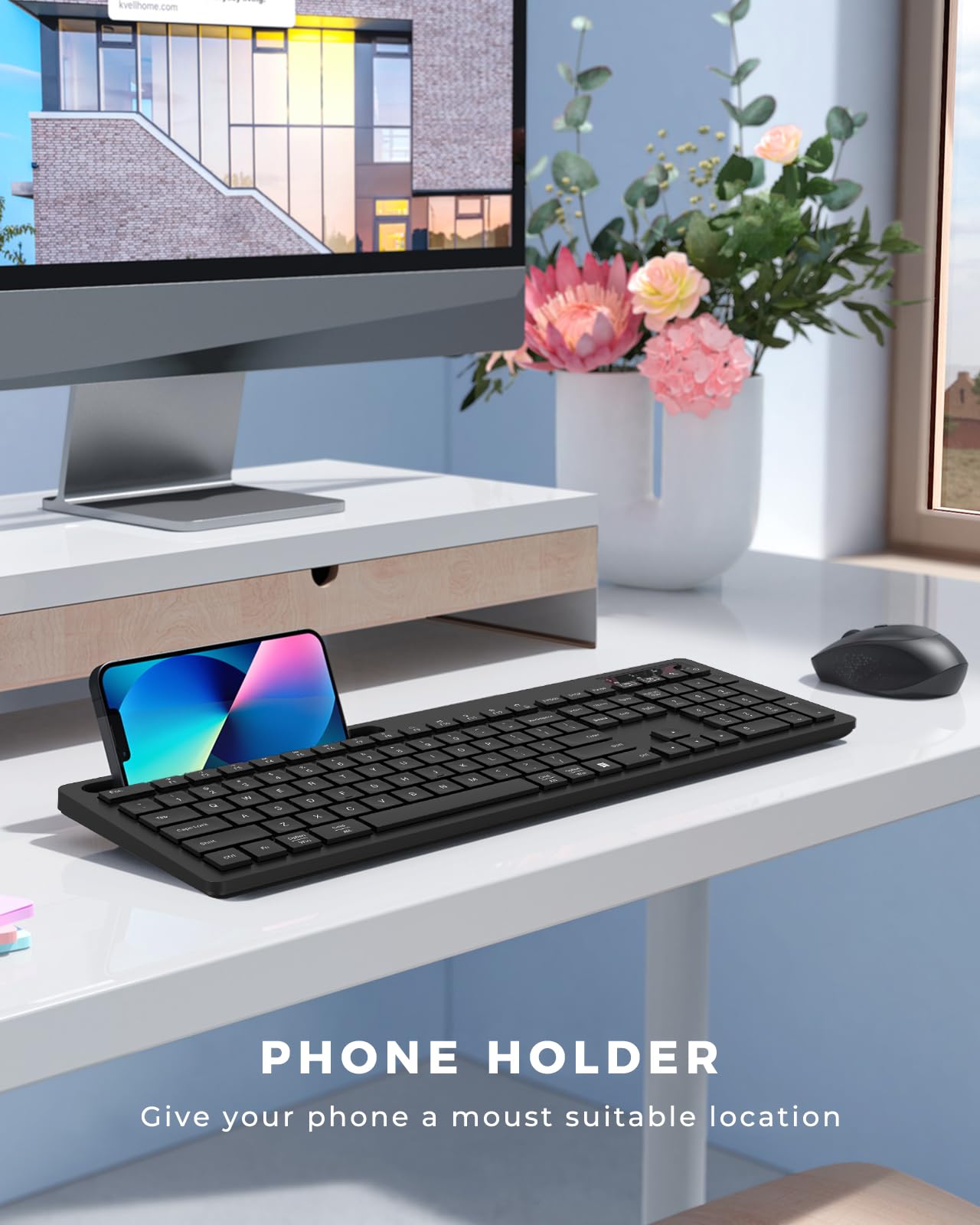 Keyboard And Mouse Wireless, Vivefox Wireless Keyboard With Phone Holder Usb A & Type C Receiver Cute Keyboard And Mouse Compati