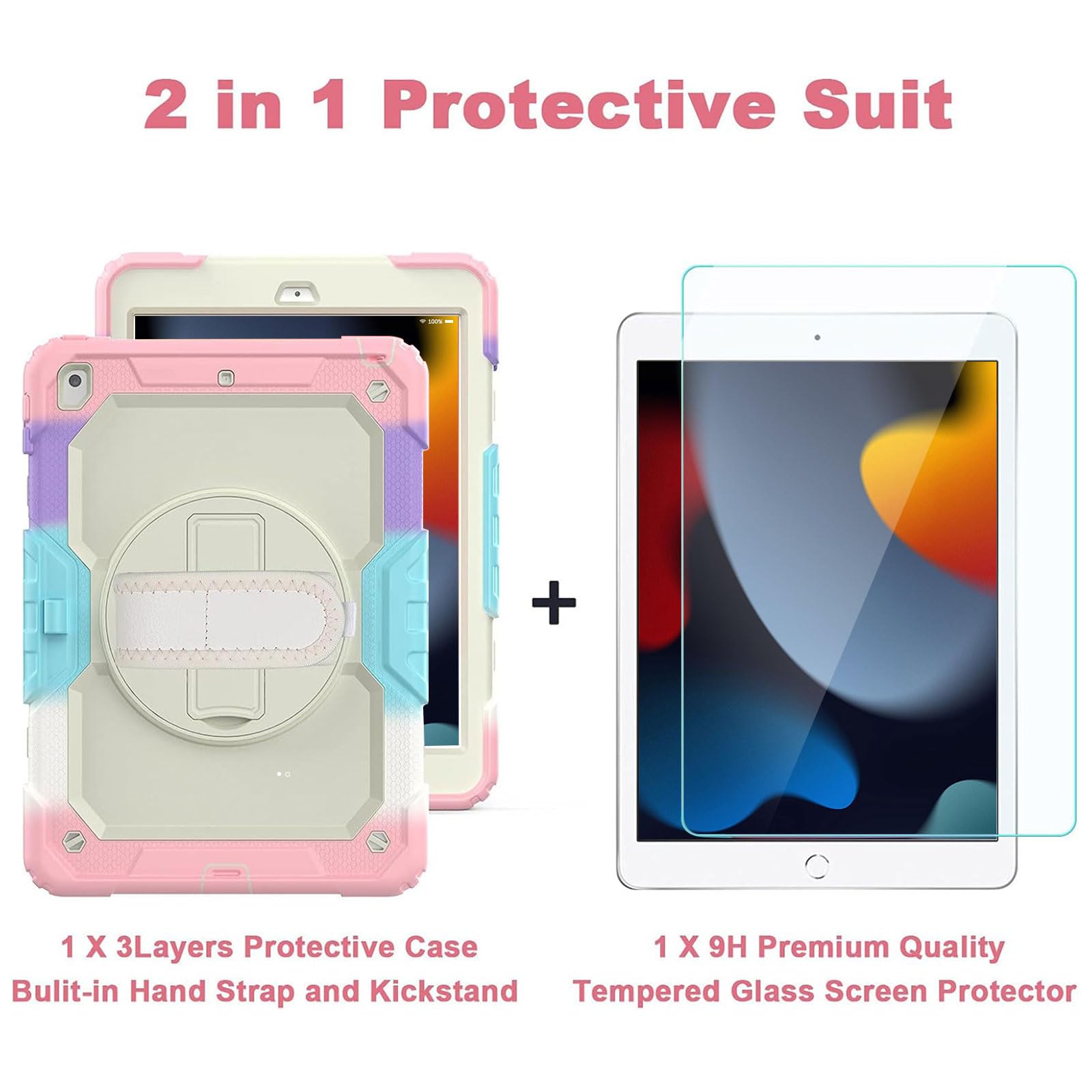 Ambison Case For Ipad 9Th/8Th/7Th Generation 10.2'' 2021/2020/2019, [Kid Proof] Full Body Protective Case With 9H Tempered Glass Screen Protector, 360� Rotatable Kickstand & Hand Strap (Light Pink)