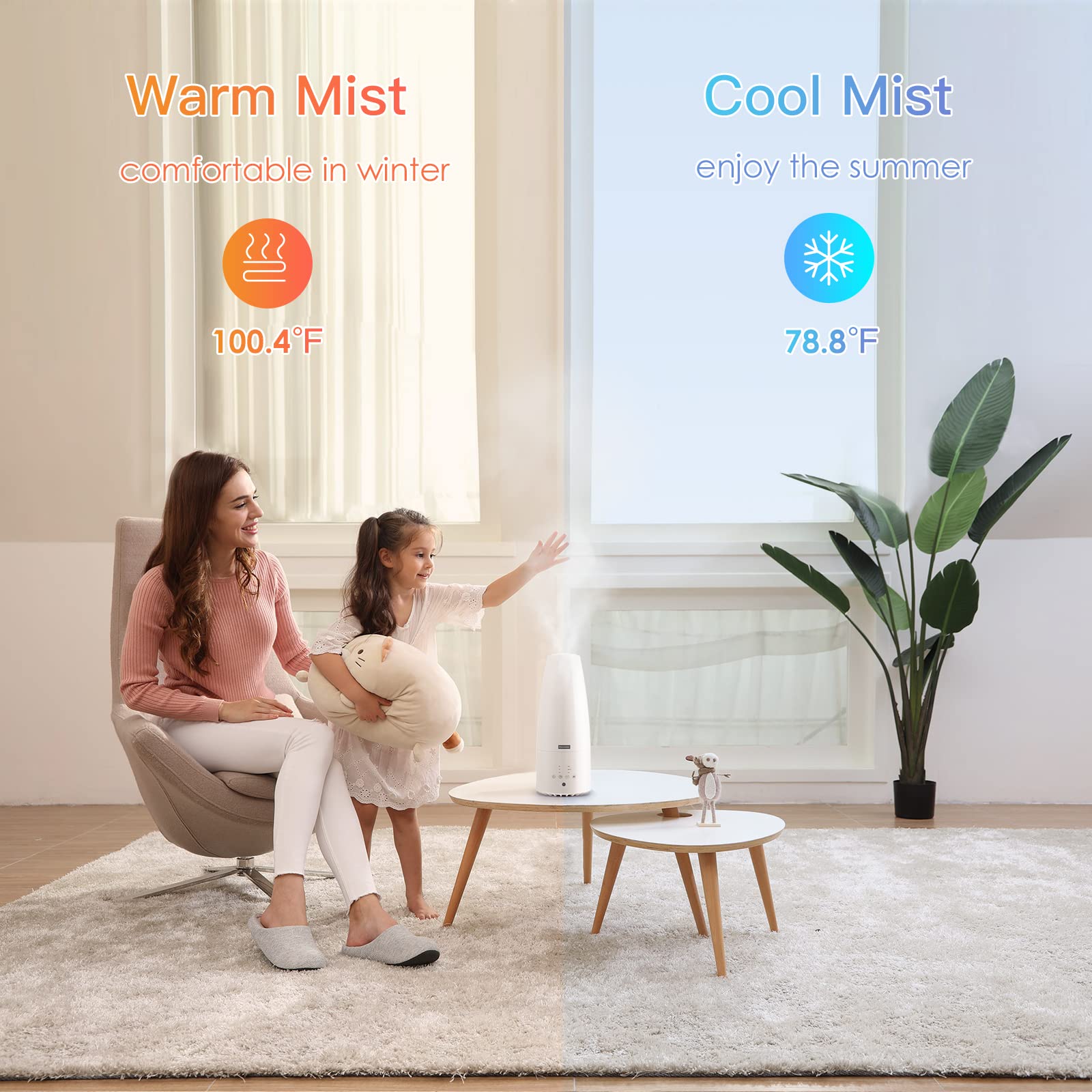 Elecameier Warm And Cool Mist Humidifier For Home/Bedroom With Remote Control 2.3L Smart Air Humidifier For Desk/Office/Bedroom
