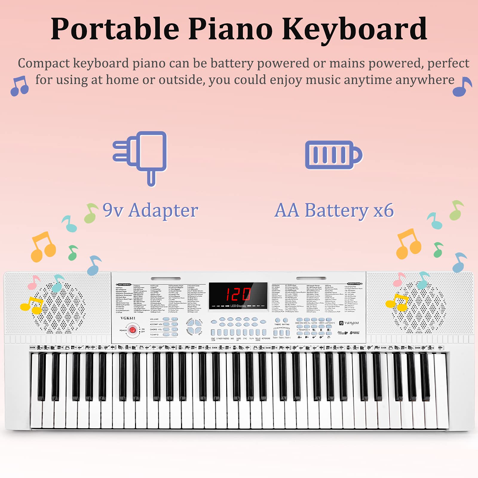 Vangoa Vgk611 Electric Keyboard For Beginner, 61 Keys Portable Music Keyboard With Mini Lighted Keys, Electronic Piano For Kids,