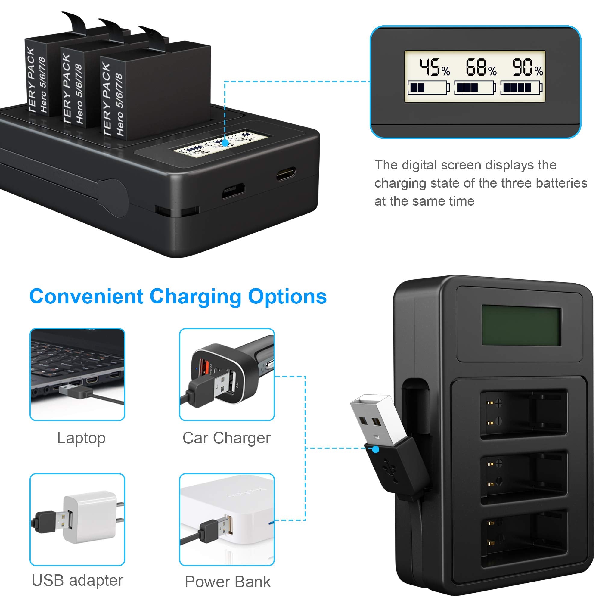 2 Pack Replacement Battery For Gopro Hero 8 Quick Charger Accessories With Digital Monitor 1800Mah Batteries Compatible With Gop