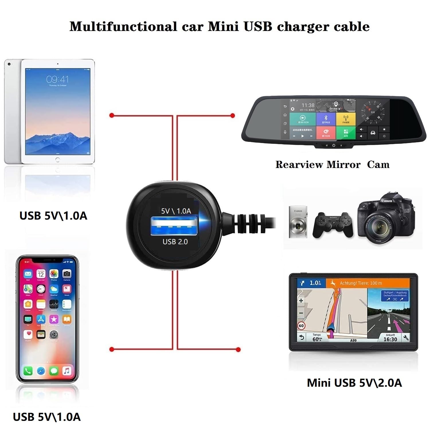 Atyfuer Dash Cam Charger Cable, 11.5Ft Mini Usb For 12V 24V Cars & Trucks, 3 In 1 Charging For Dash Cam, Gps Navigator, Mobile P