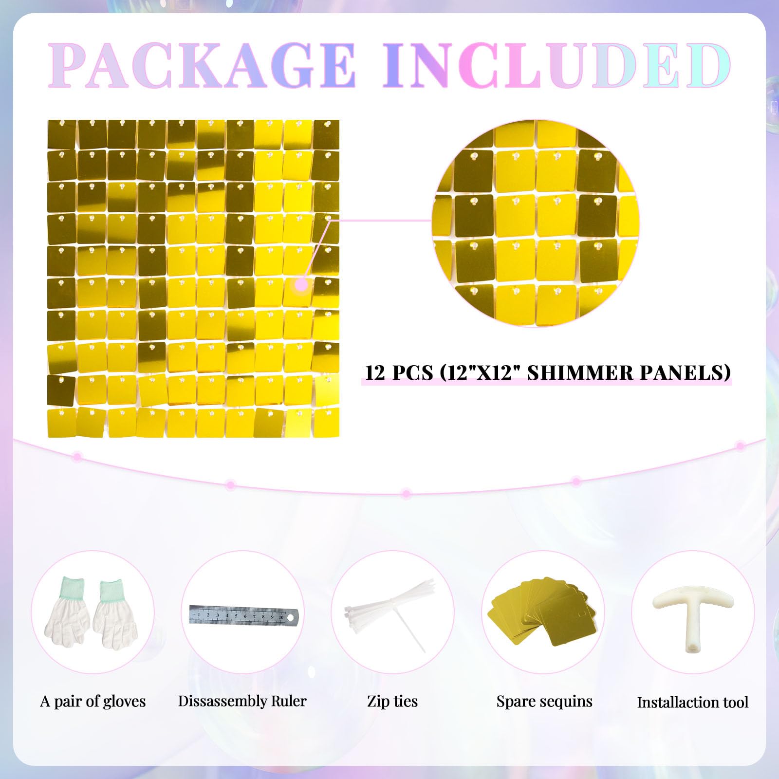 Shimmer Wall Backdrop Gold Wall Panels 12Pcs Square Sequin Shimmer Wall Backdrop Decoration For Birthday Party,Wedding, Annivers