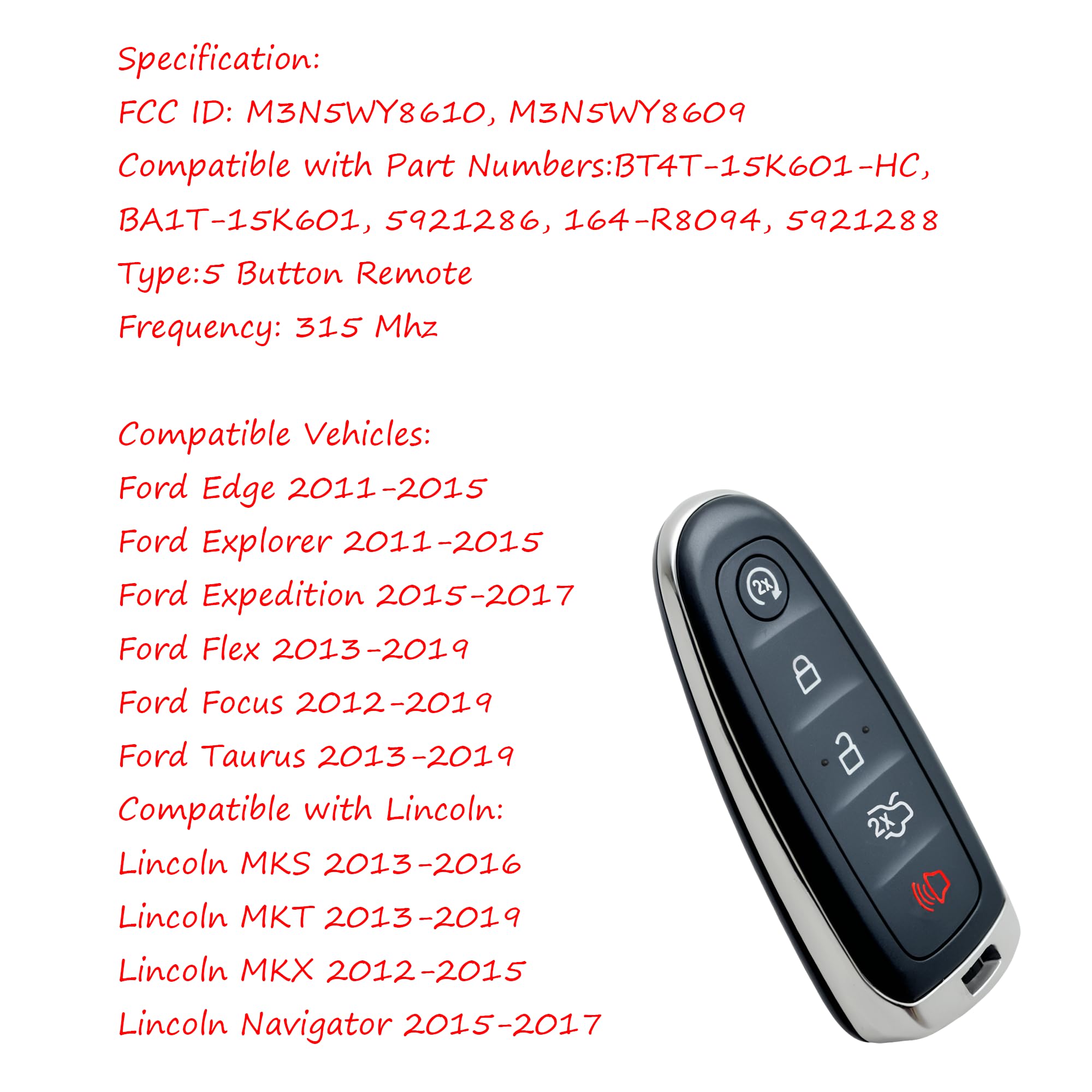 Remote Key Fob Fobik Compatible For F Ord Explorer Edge 2011 2012 2013 2014 2015 Expedition Flex Taurus 2013-2016 Lincoln Mks Mk