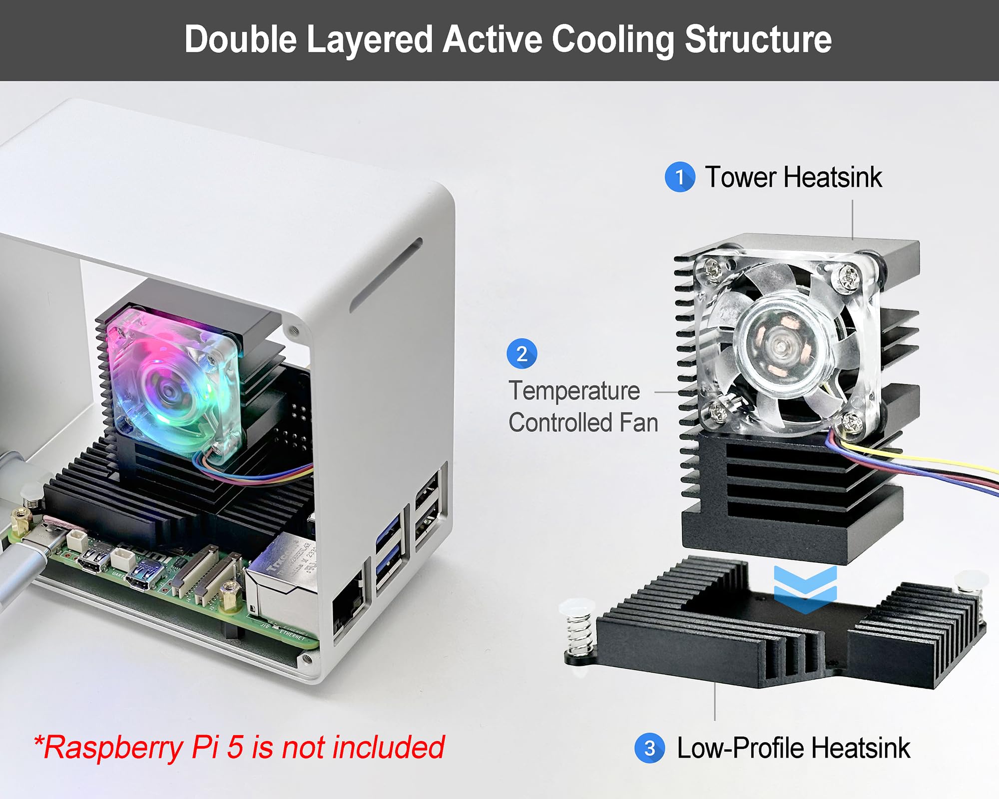 Electrocookie Raspberry Pi 5 Case, Aluminum Mini Tower Case With Cooling Fan And Color Changing Ambient Light (Silver)