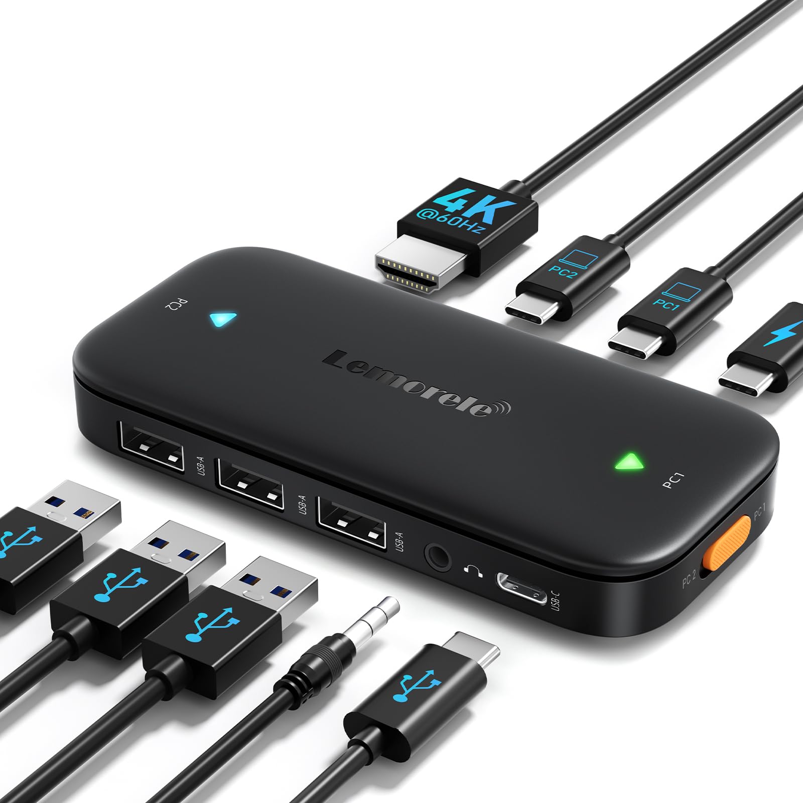 Lemorele USB C KVM Switch, 2 Computer Sharing 4K@60Hz HDMI Monitor, 100W PD Fast Charging, 3USB-A 2.0 + 1USB-C 2.0 Data Ports, 3