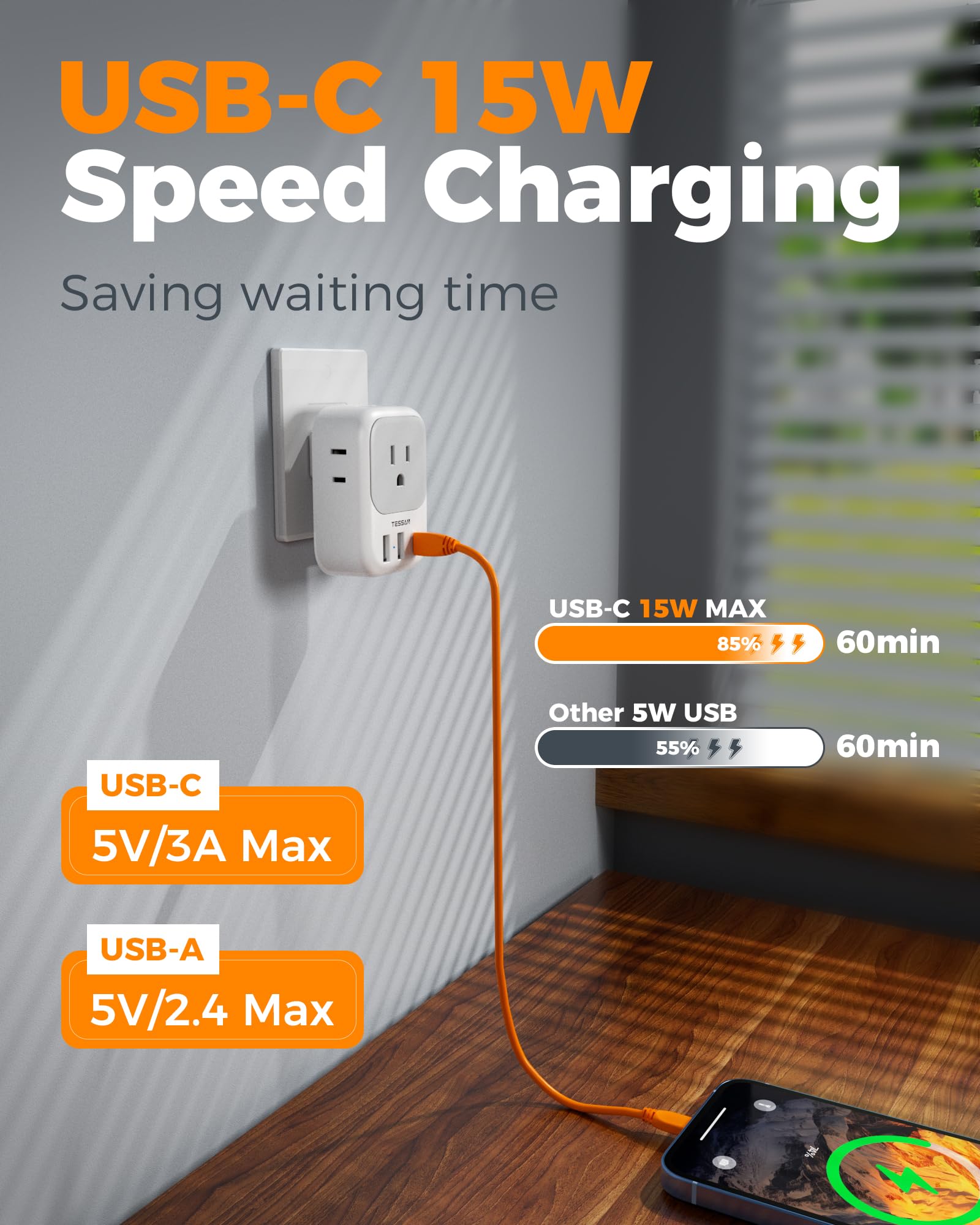 Us To Japan Plug Adapter 2 Pack, Tessan 2 Prong To 3 Prong Outlet Adapter With 4 Outlets 3 Usb (1 Usb C), Outlet Adaptor Us To J