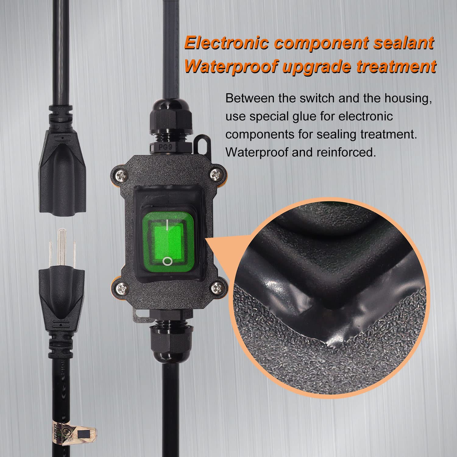 Weideer Extension Cord With Inline Switch On/Off Ip67 Waterproof 20A 250V 16Awg 2Ft 3Pin Outlets Plugs Power Cord Green Led Rock