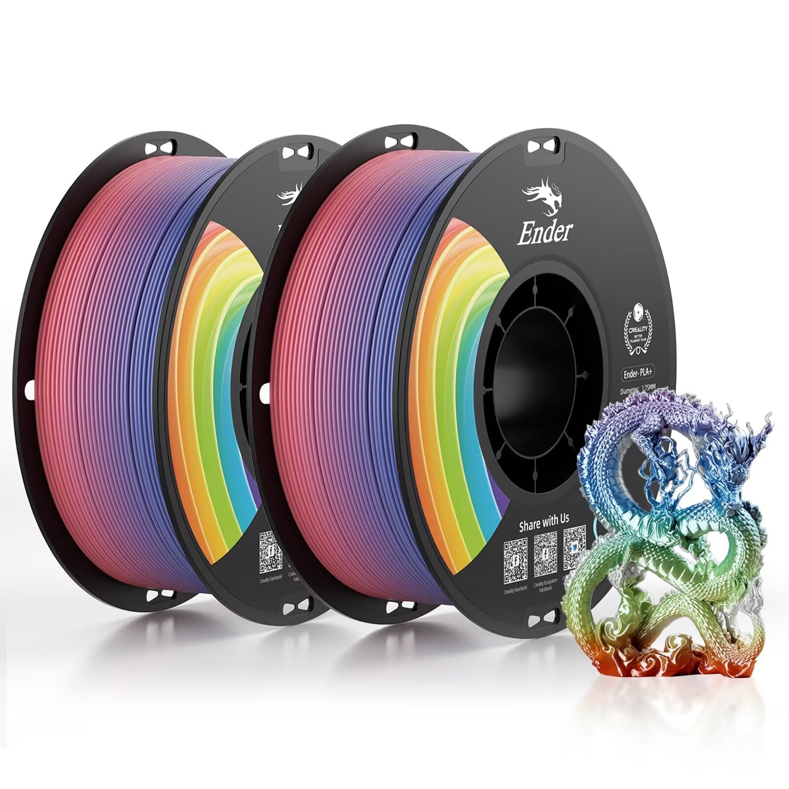Creality 3D Printer Filament, PLA Plus Filament 1.75mm Rainbow, PLA Pro Toughness Upgraded Dimensional Accuracy +/- 0.03mm, 2 * 