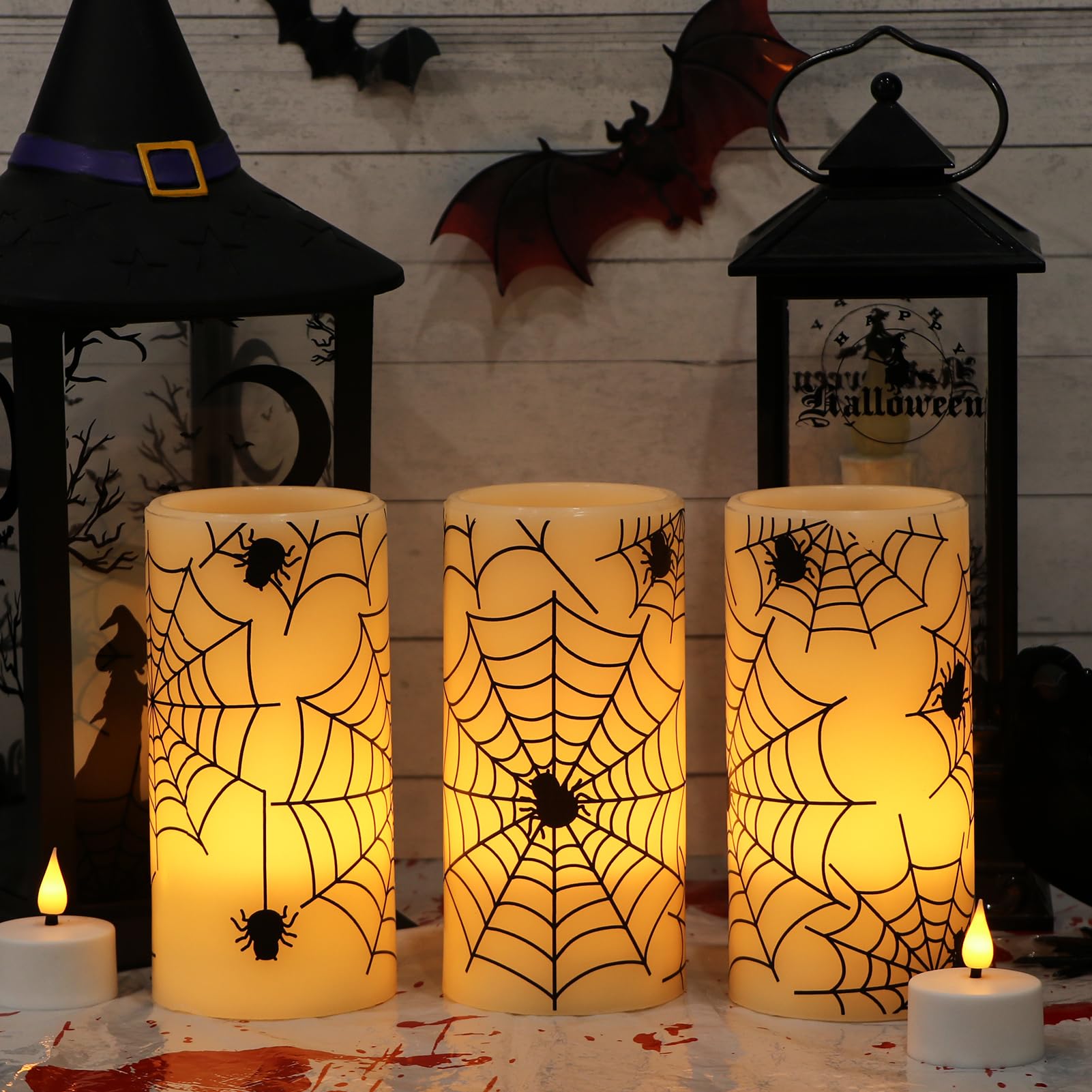 Eldnacele Halloween Flameless Candles With Timer,Battery Operated Spider Cobweb Decal Flickering Candles Real Wax Led Pillar Can