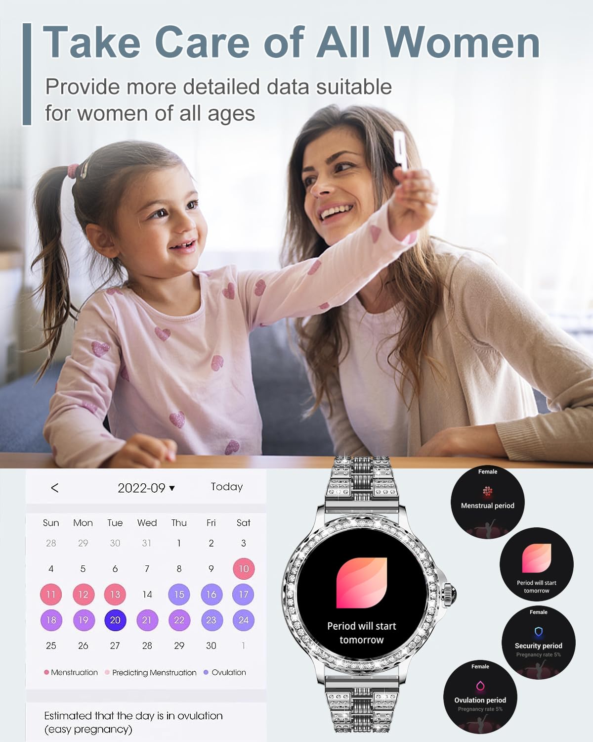 Smart Watches For Women(Answer/Make Calls) With Diamonds, 1.3    Hd Bluetooth Smart Watch For Android Ios Phones, Ip68 Waterproo