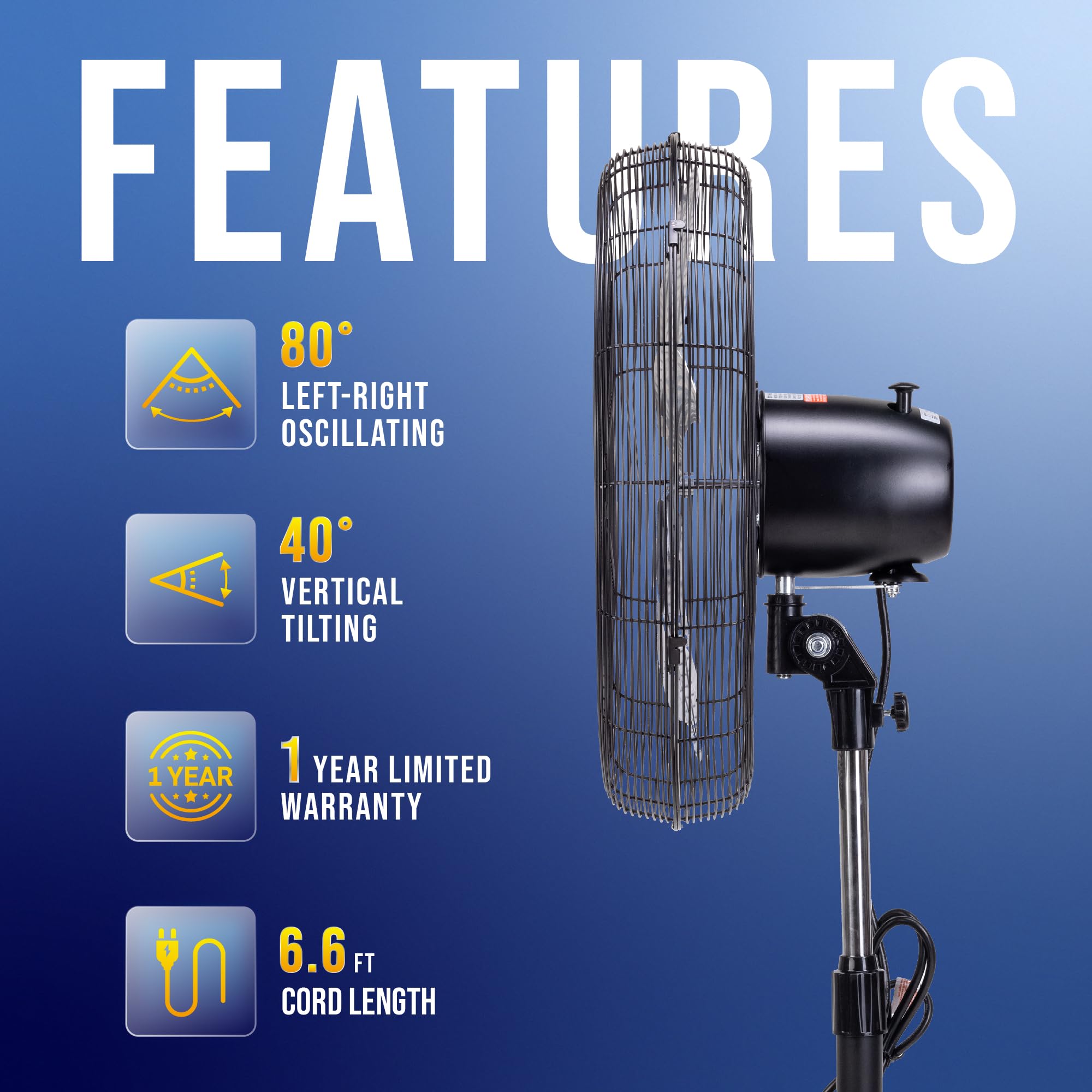 Tornado   20 Inch High Velocity Metal Oscillating Pedestal Fan   Commercial, Industrial Use   3 Speed   5000 Cfm   1/6 Hp   6.6