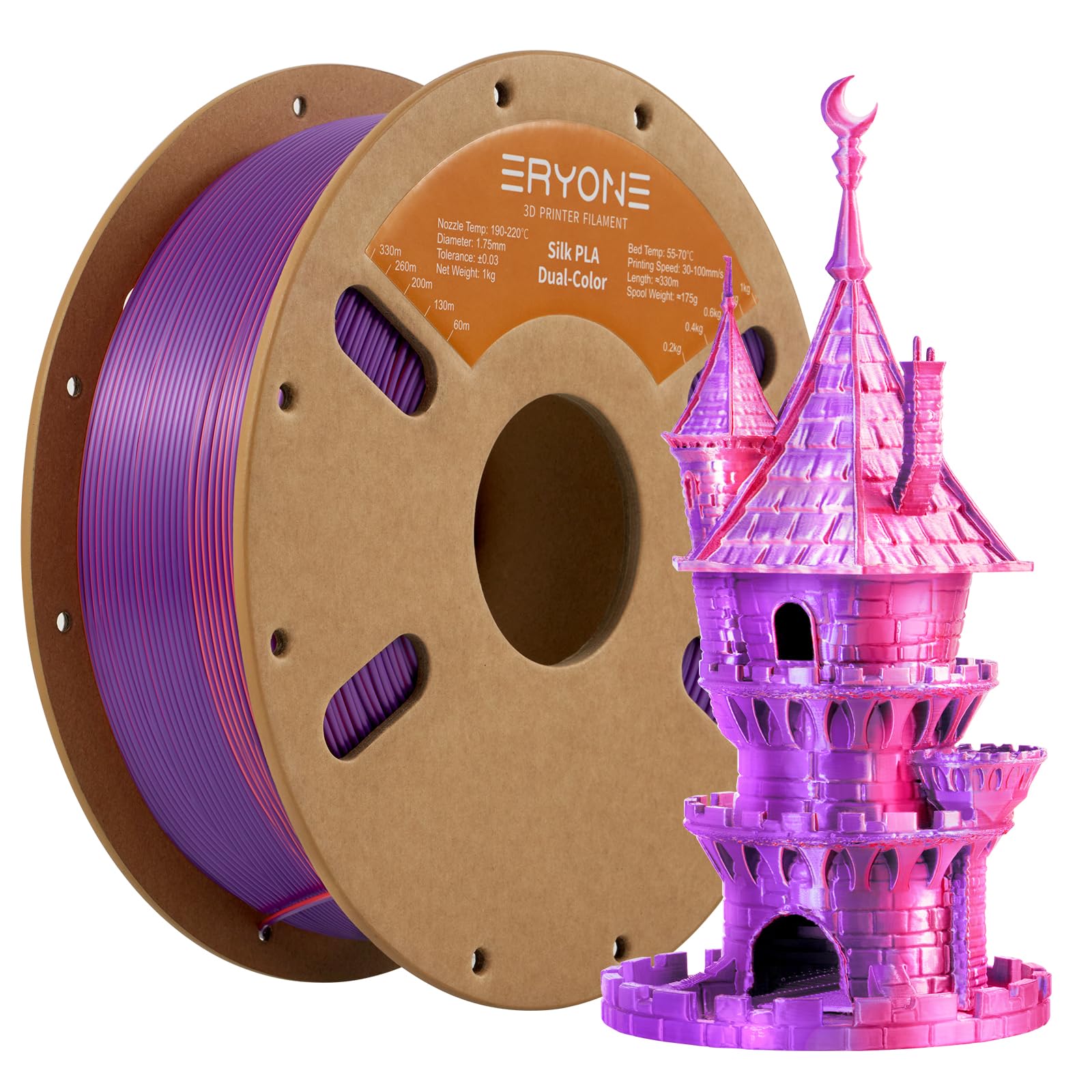 ERYONE Silk Dual Color PLA Filament 3D Printer 1.75mm +/- 0.03mm, Bicolor Filament Two Tone PLA 1KG(2.2lbs) Cardboard Spool, Ora