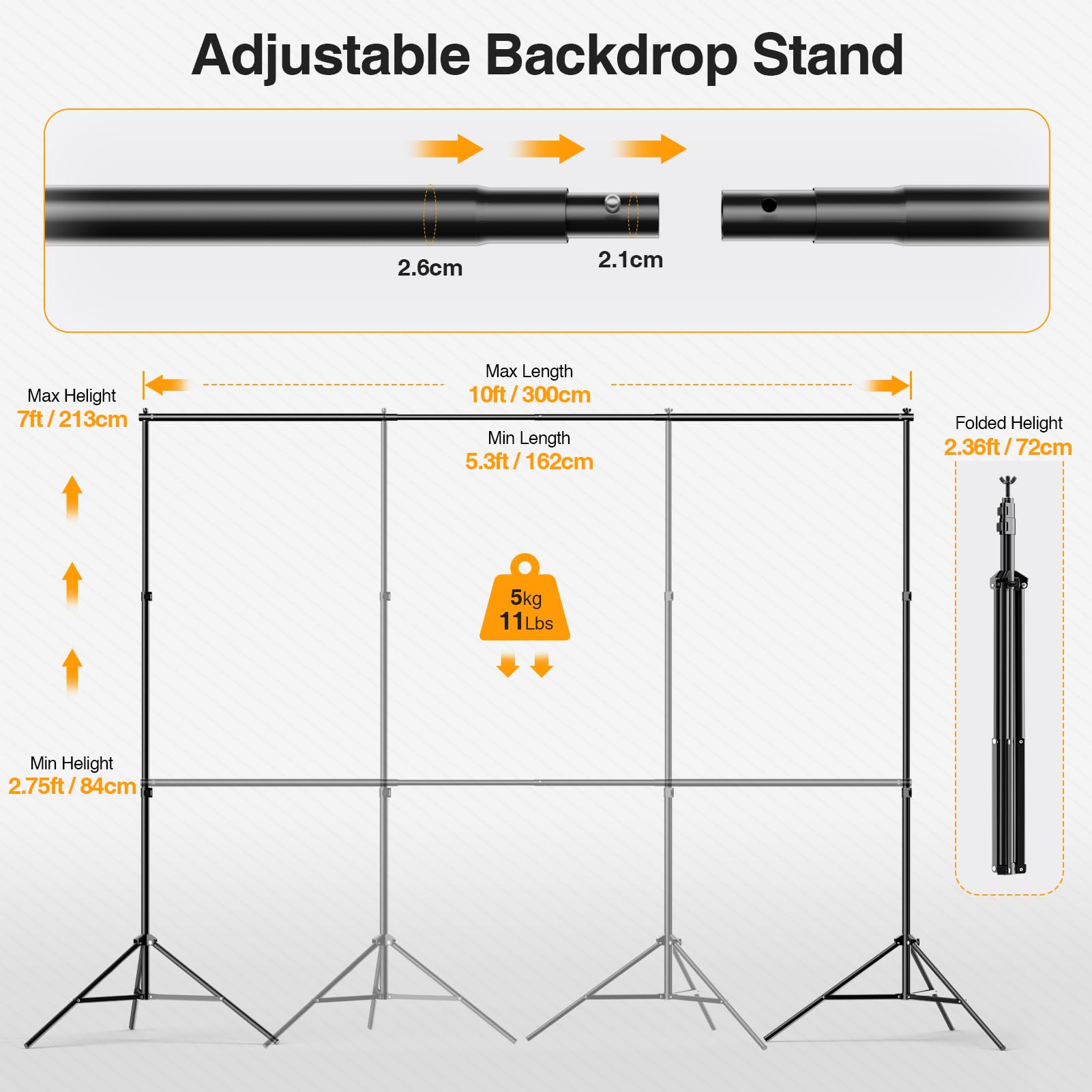 Gloshooting Backdrop Stand, 10X7Ft(Wxh) Photo Background Stand Adjustable Support Kit With 2 Crossbars, 8 Backdrop Clamps, 2 San