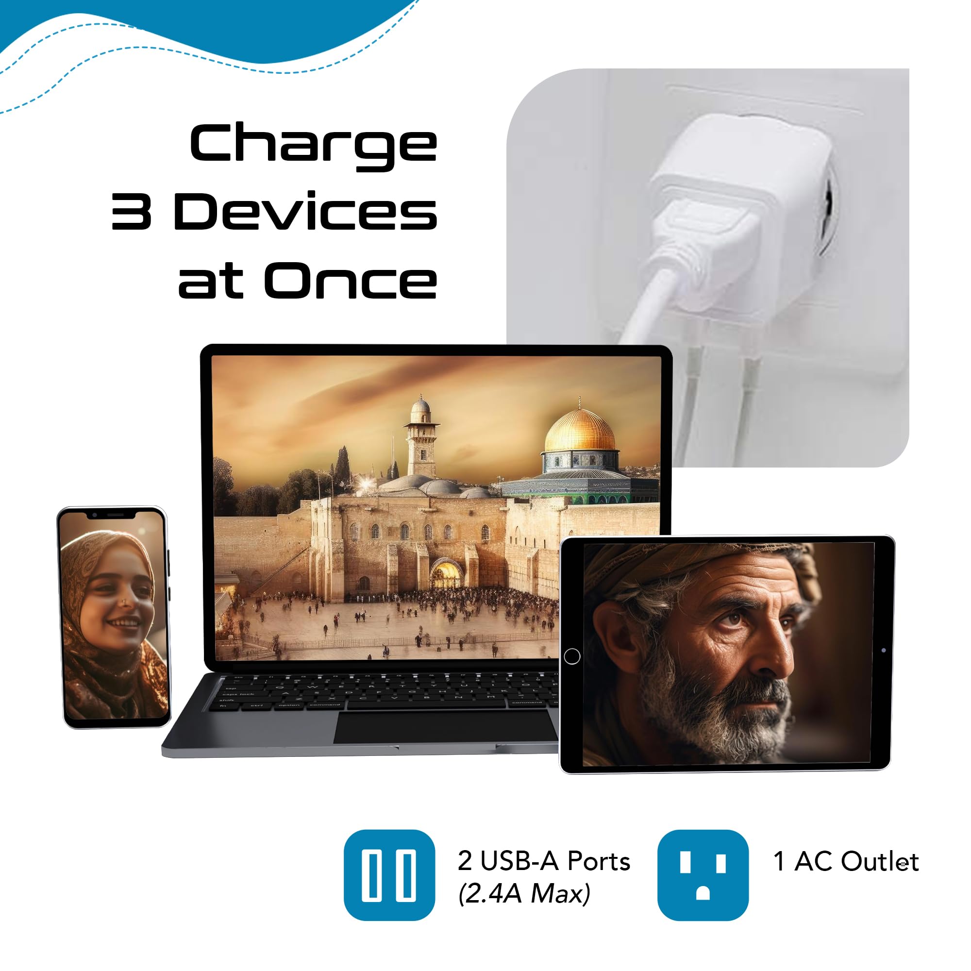 Ceptics Israel, Palestine Travel Adapter Plug With Dual Usb   Usa Input   Type H   Ultra Compact   Perfect For Cell Phones, Lapt